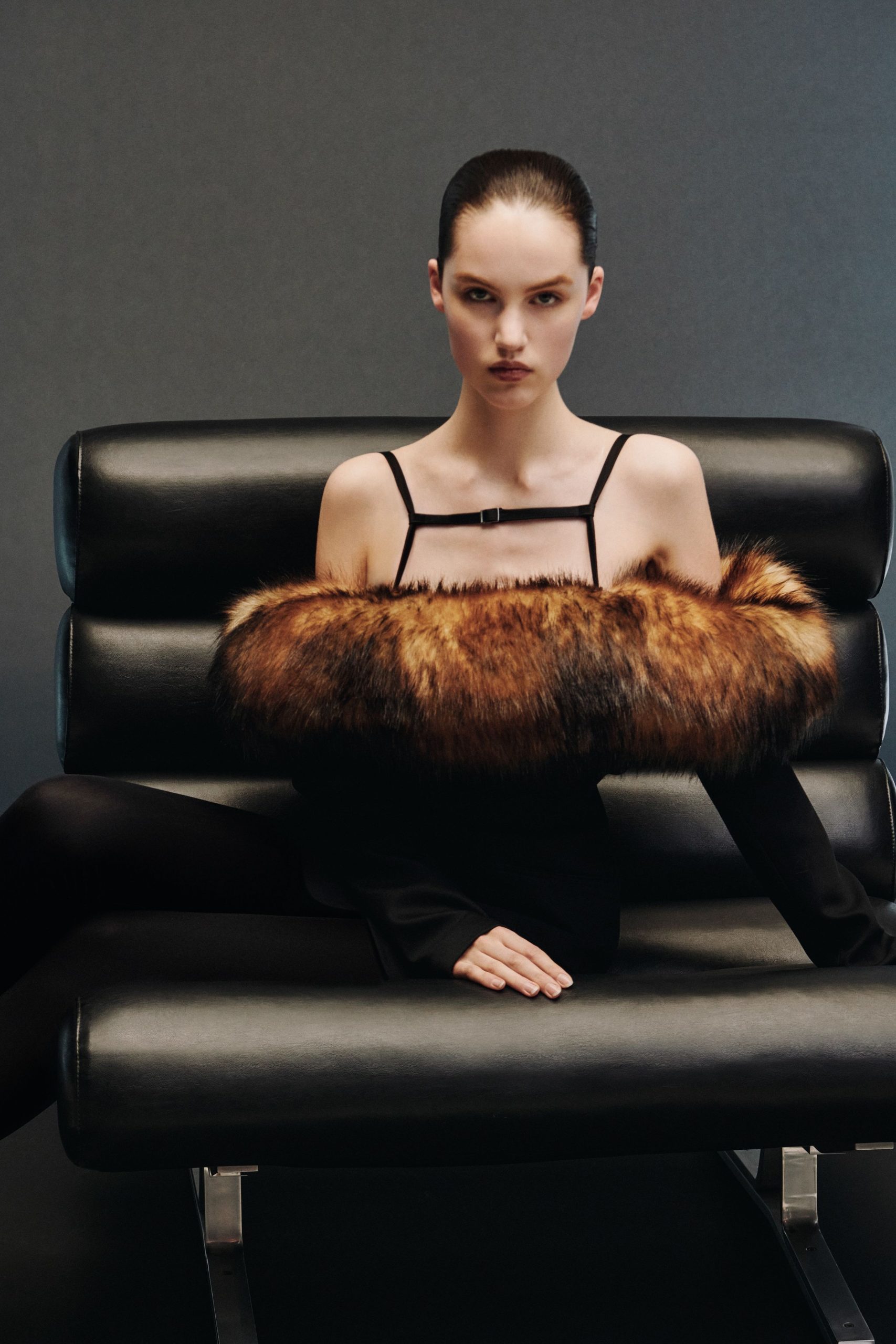 black faux-fur sleeveless fitted top