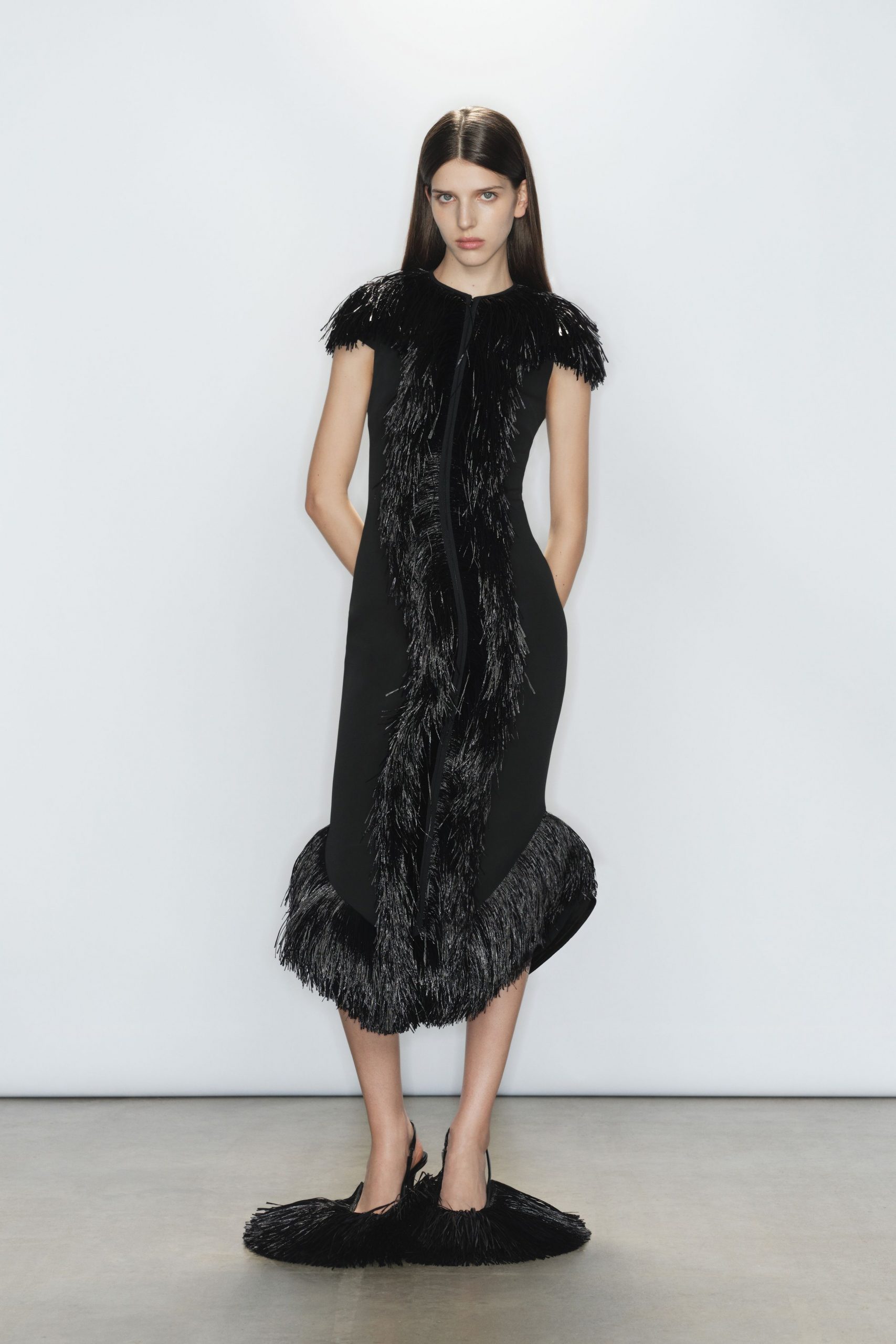 black fringed midi dress and shoes