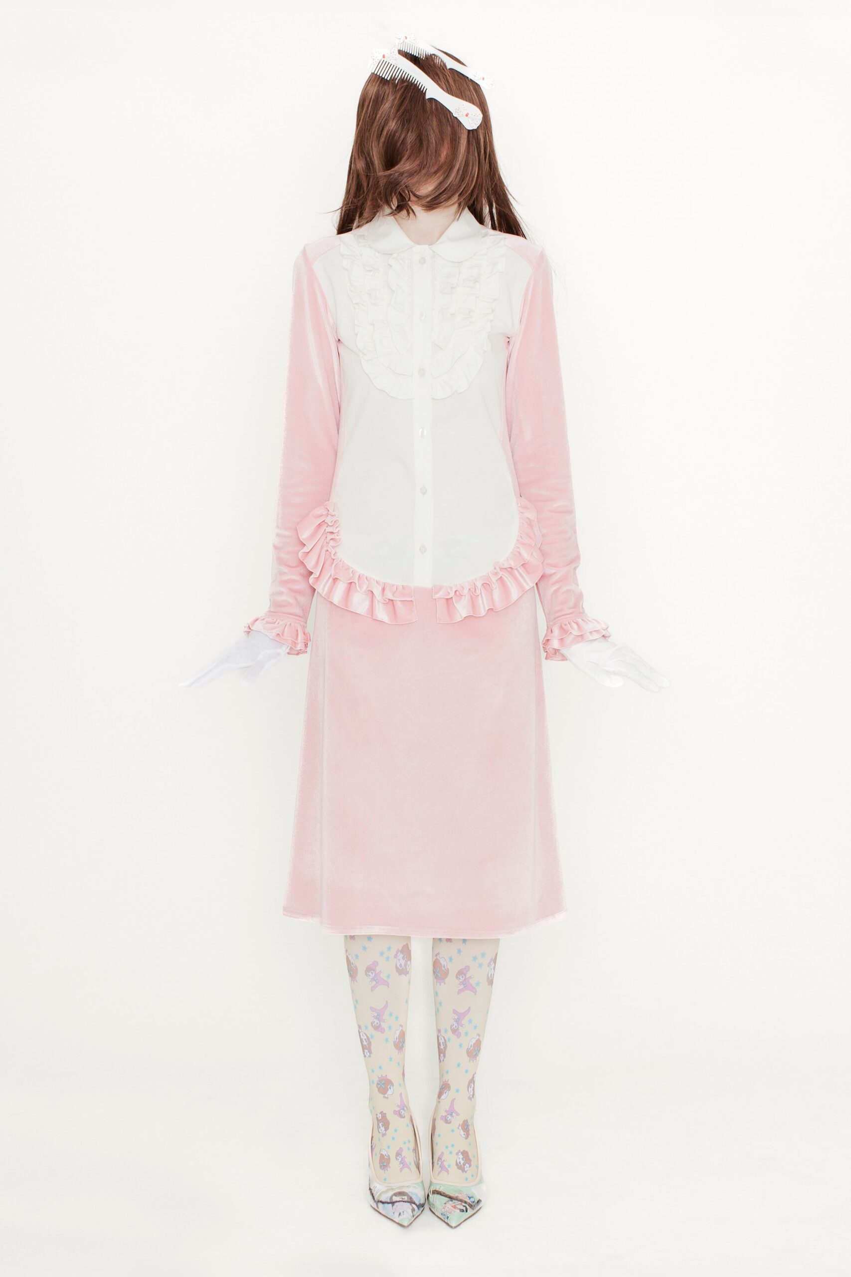 white ruffled shirt pink velvet skirt