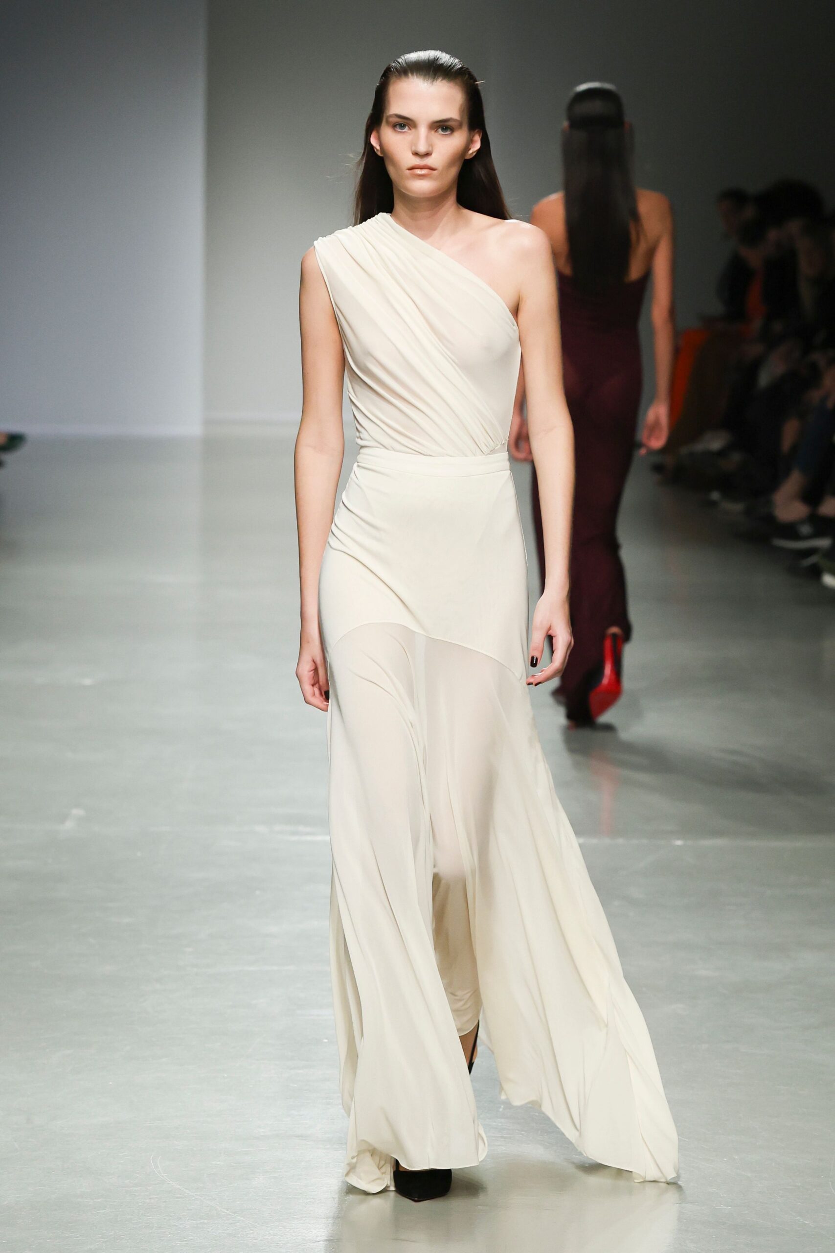 white asymmetric draped gown