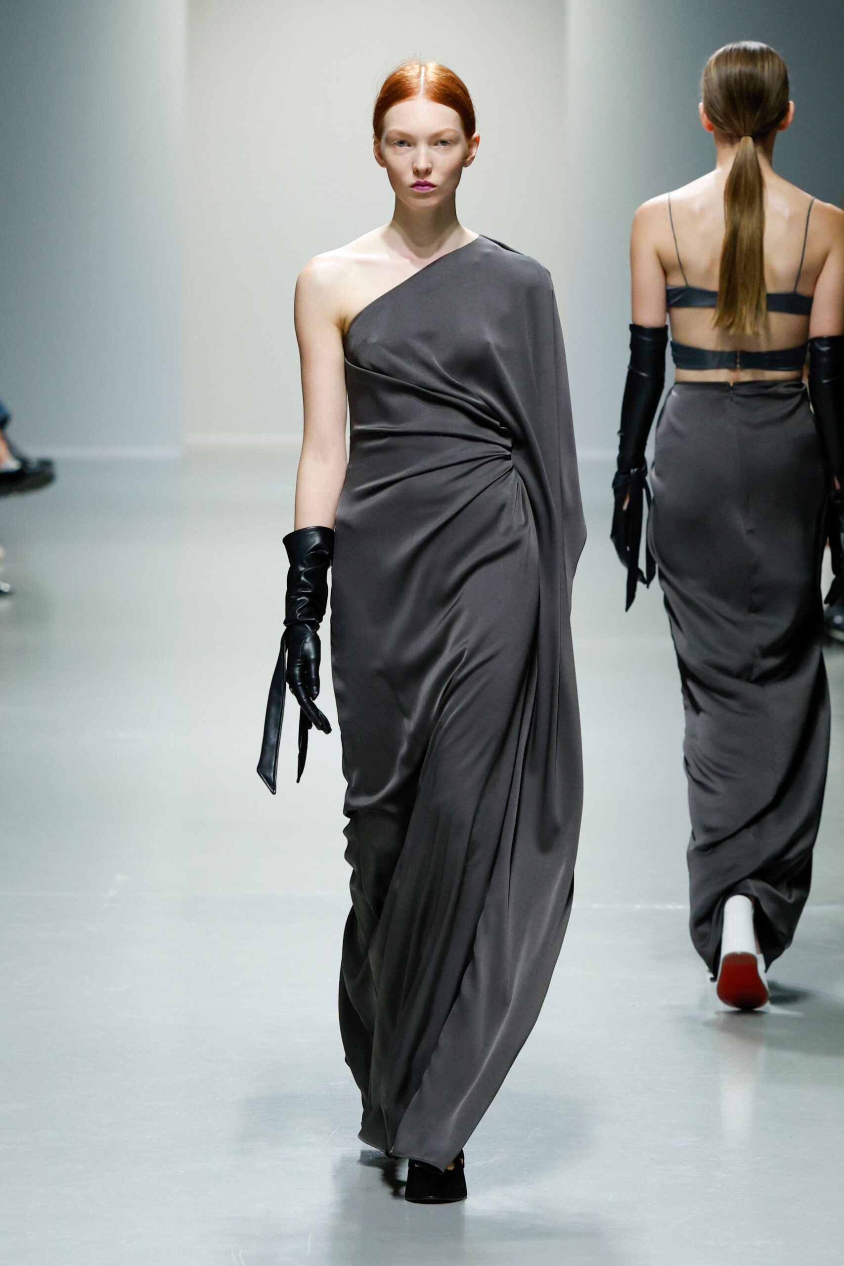 gray silk asymmetric gown