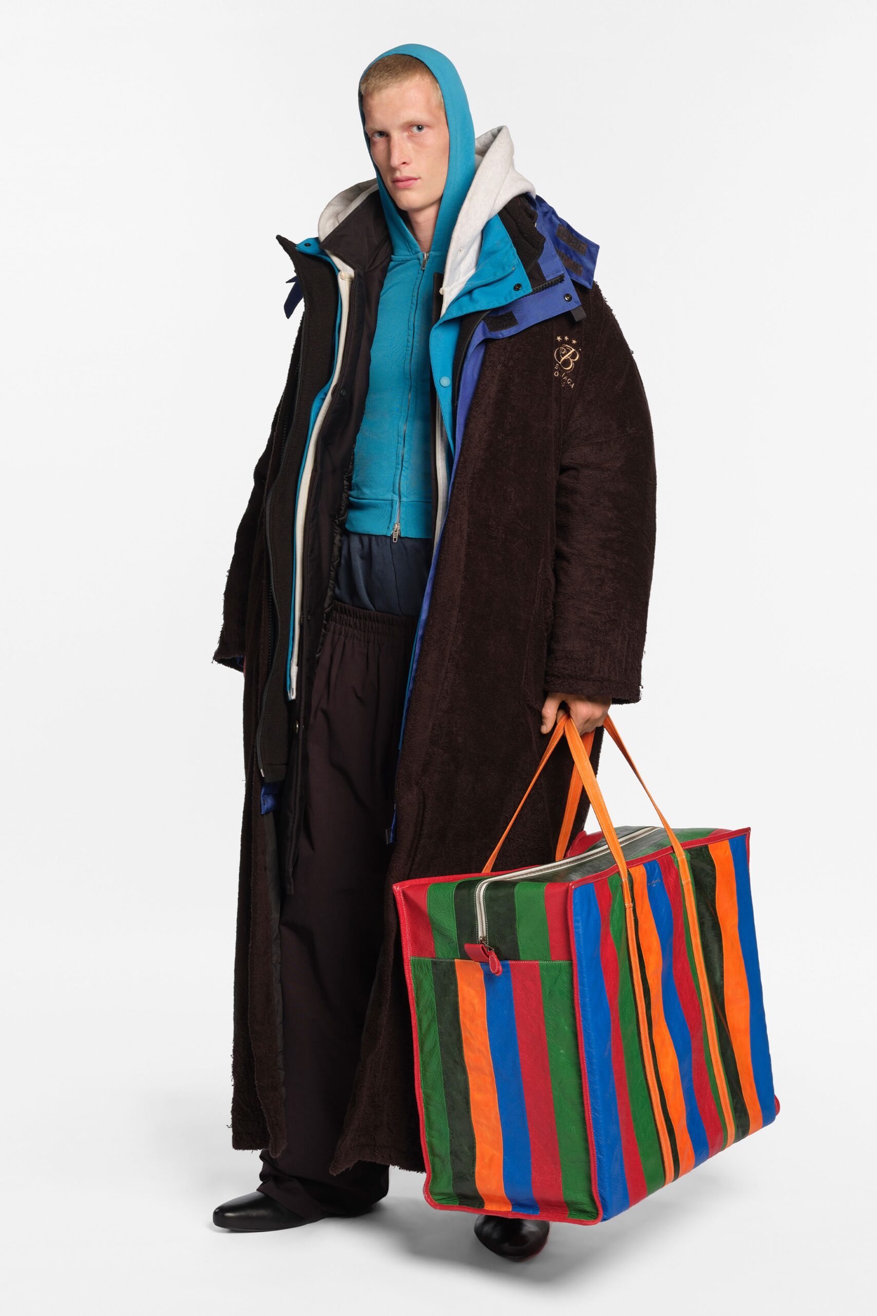 black wool long-sleeve hooded oversized layered pockets coat