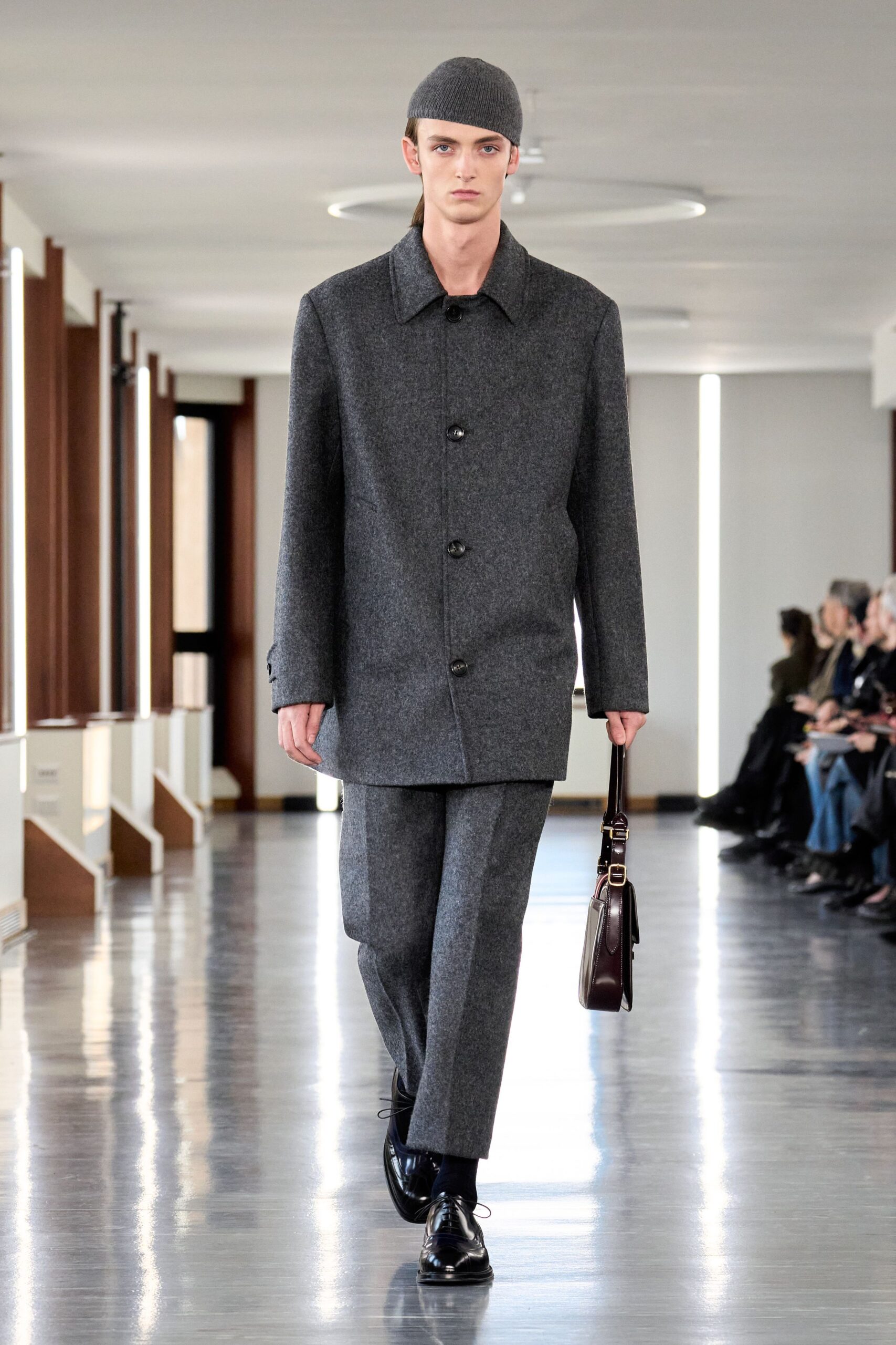 gray wool coat and tailored pants