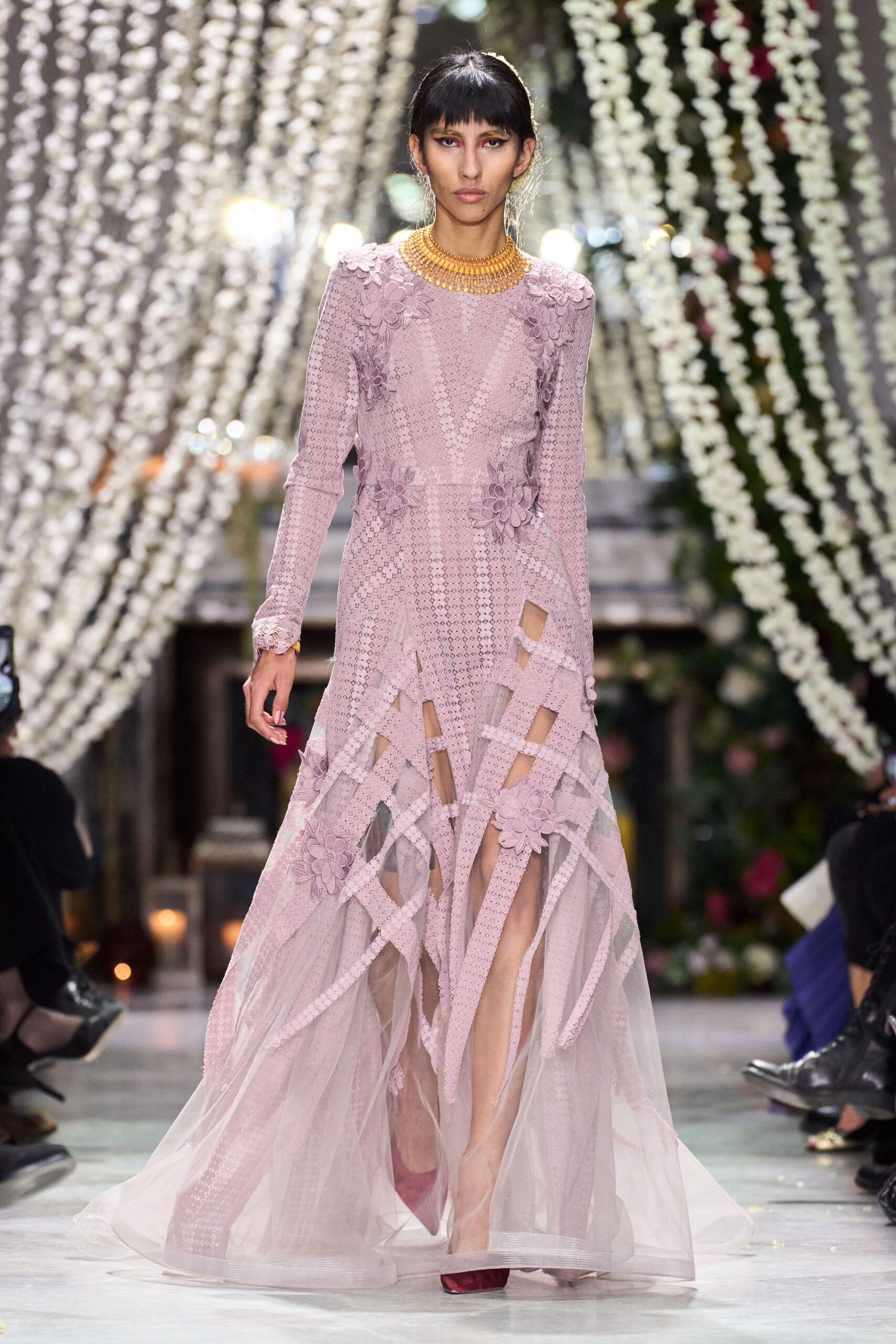 pink silk embroidered gown with heels