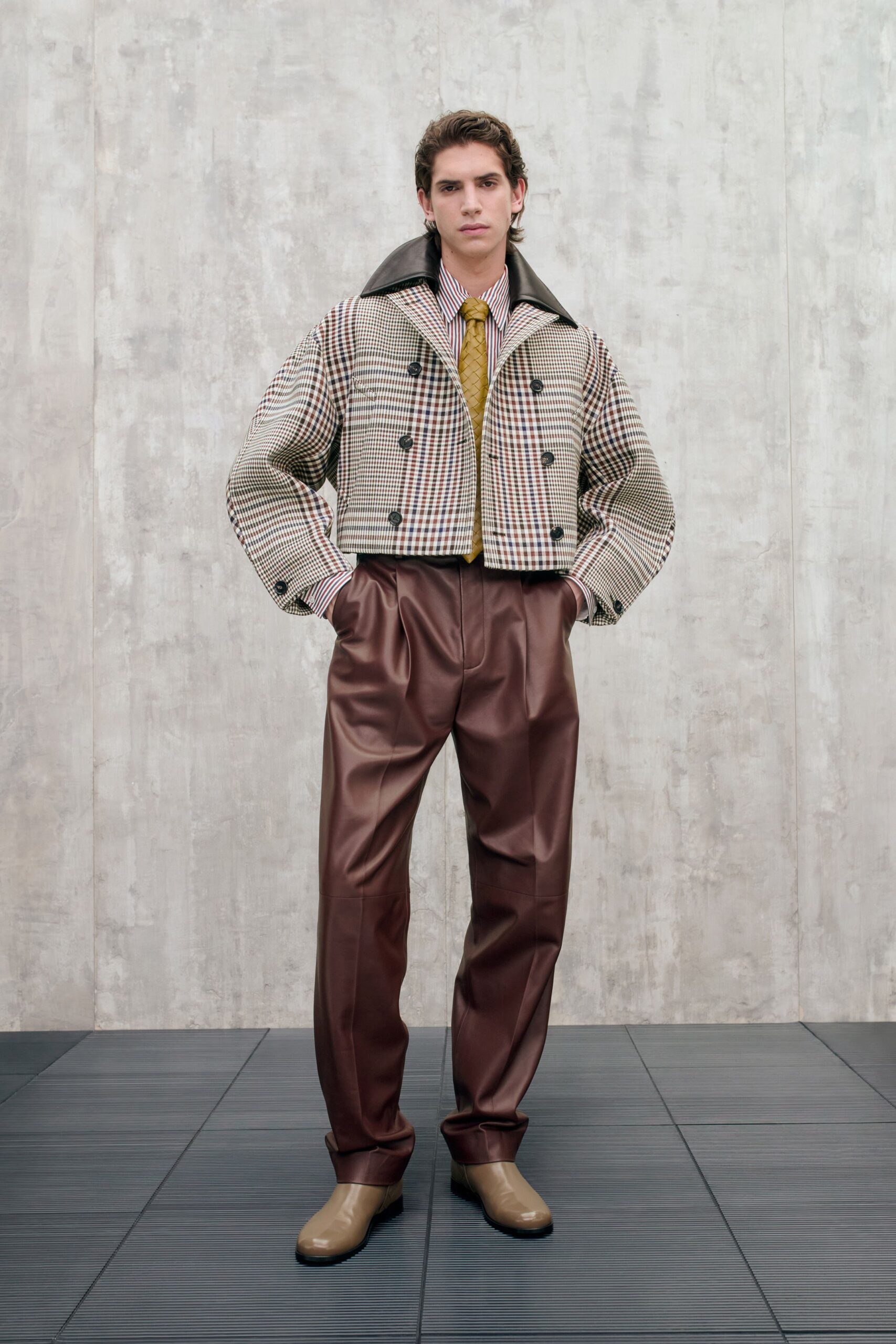 brown checked jacket with leather pants