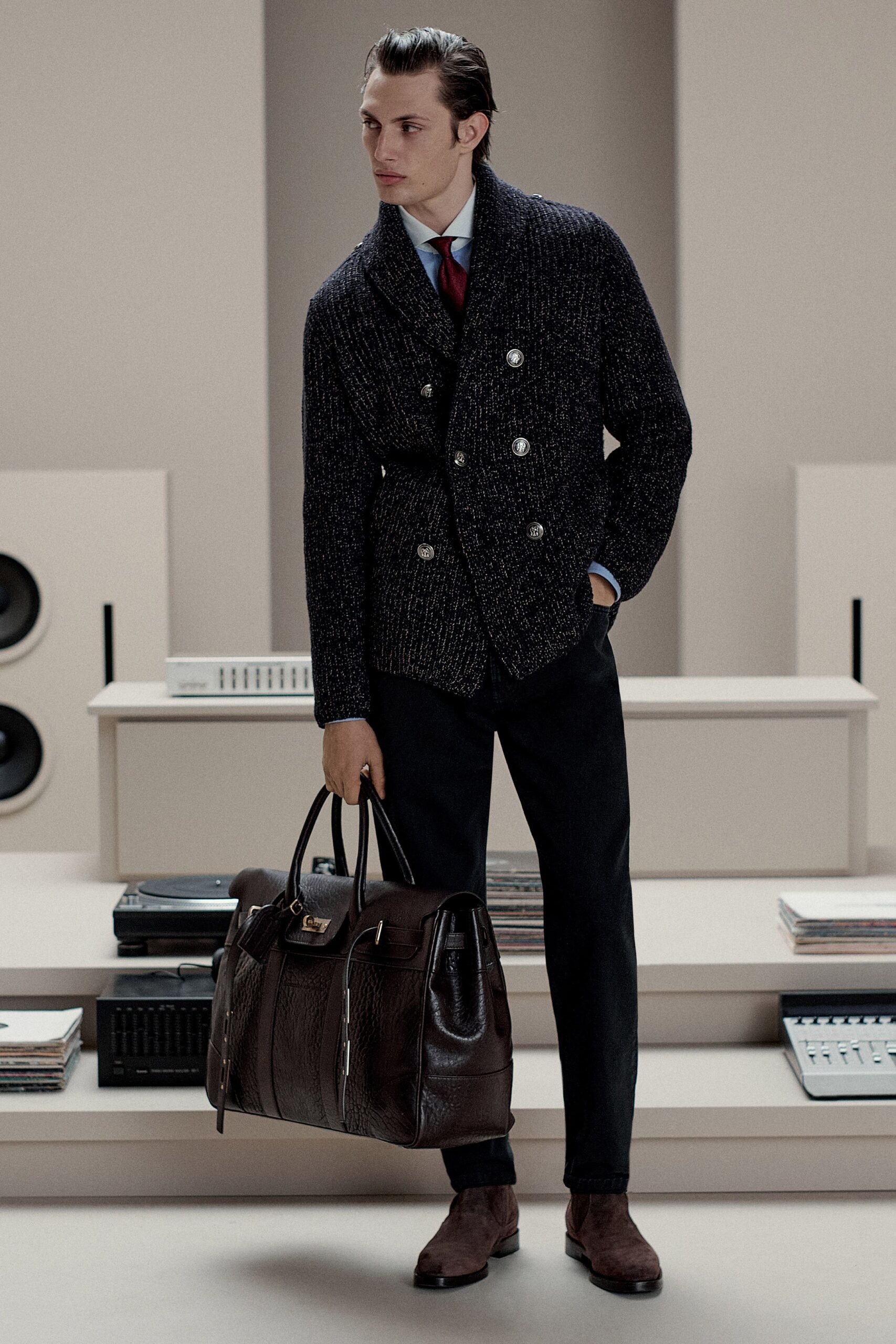 black wool long-sleeve collared tailored textured jacket