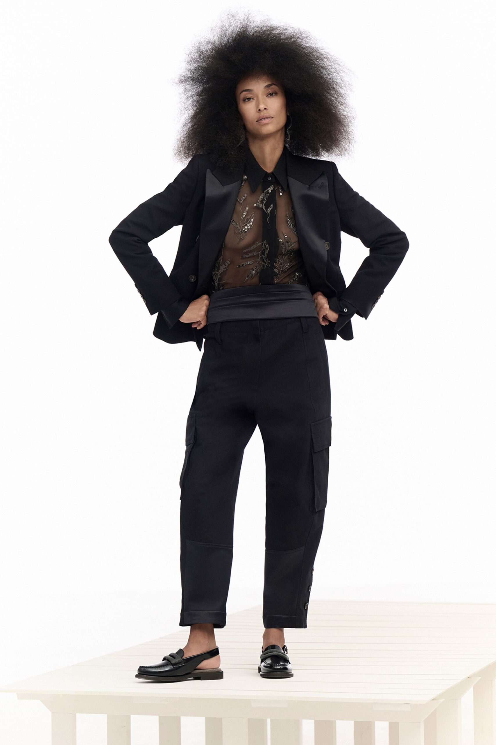 black blazer and cargo pants
