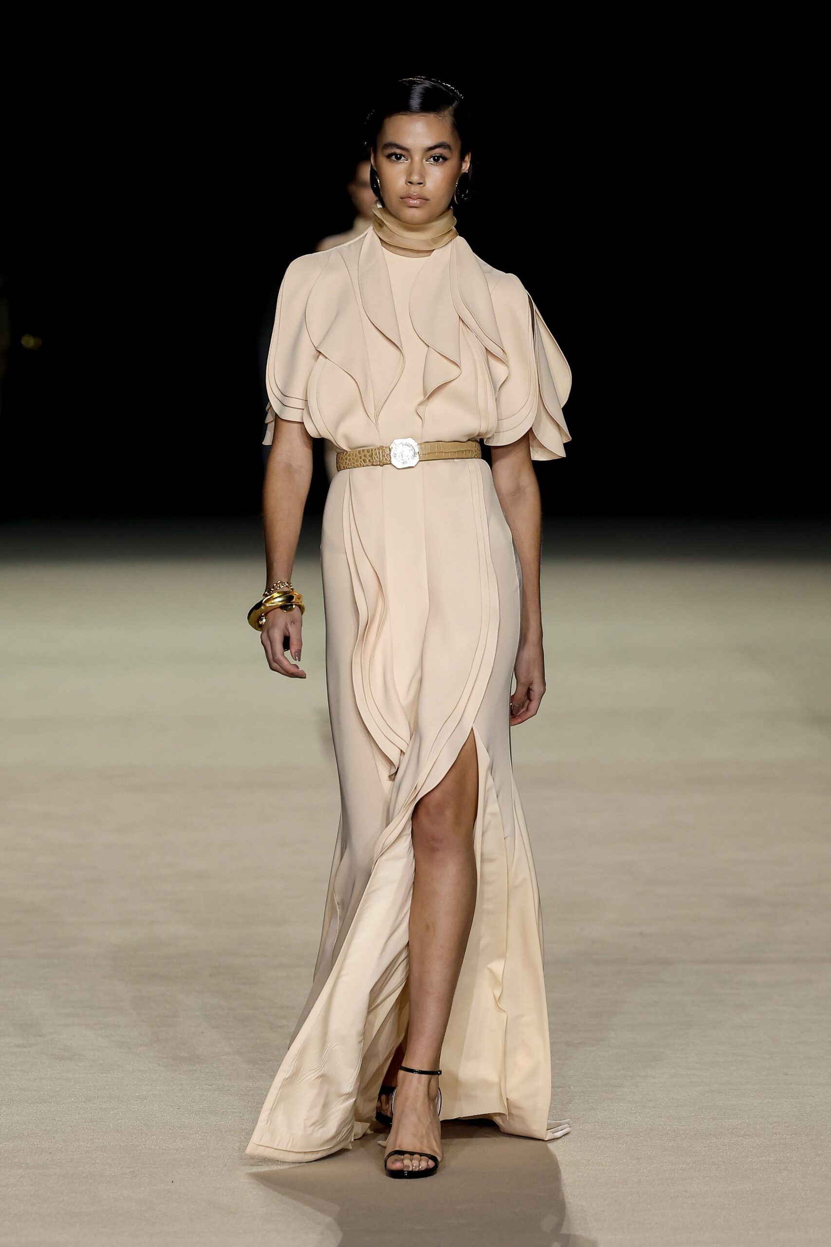 beige silk short-sleeve high-neck fitted ruffled flowing gown