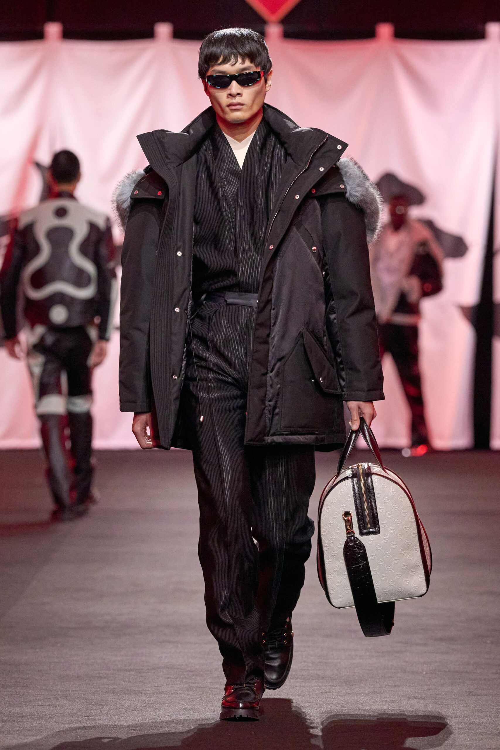 black faux-fur coat with sunglasses