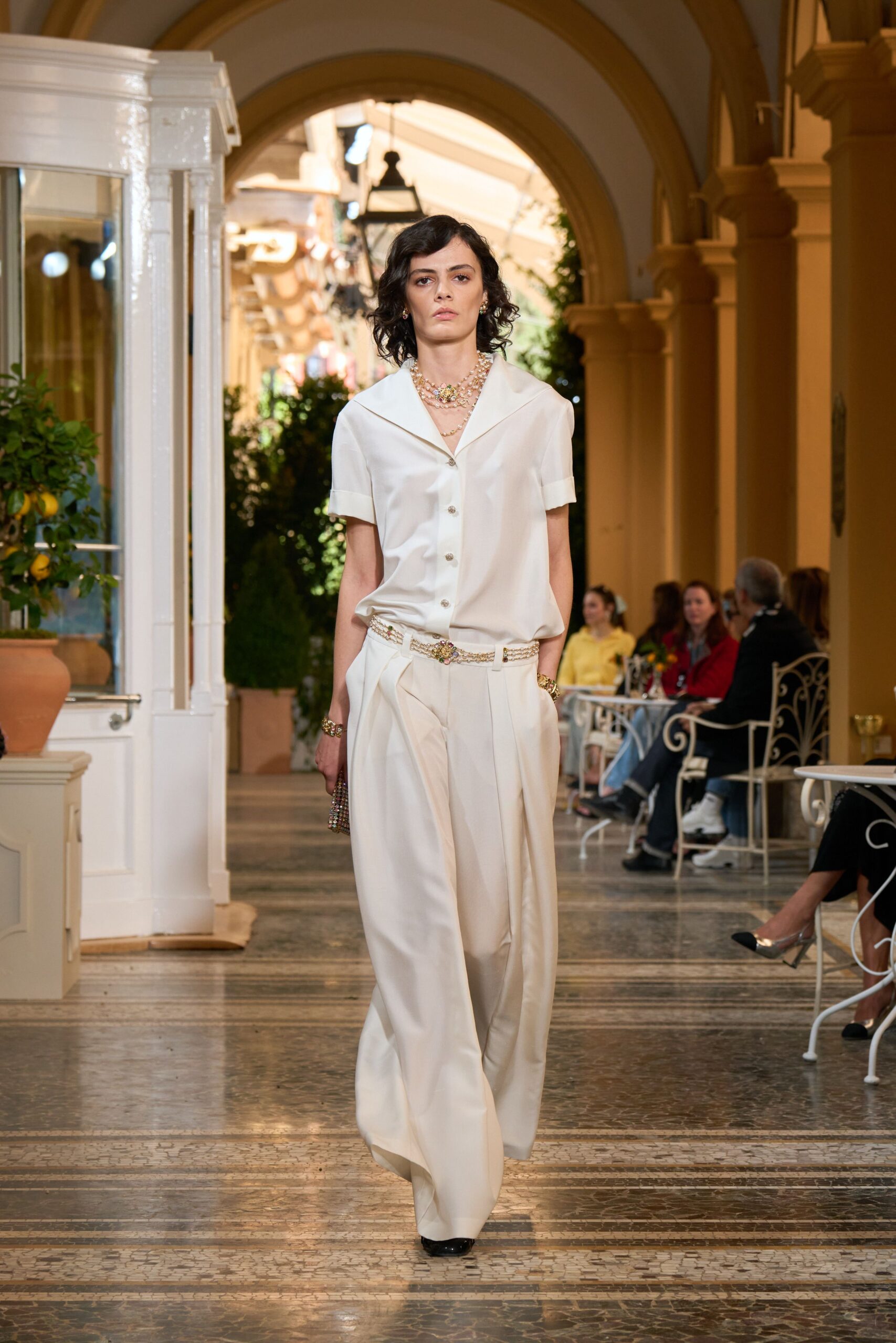 white silk short-sleeve collared relaxed buttoned flowing shirt