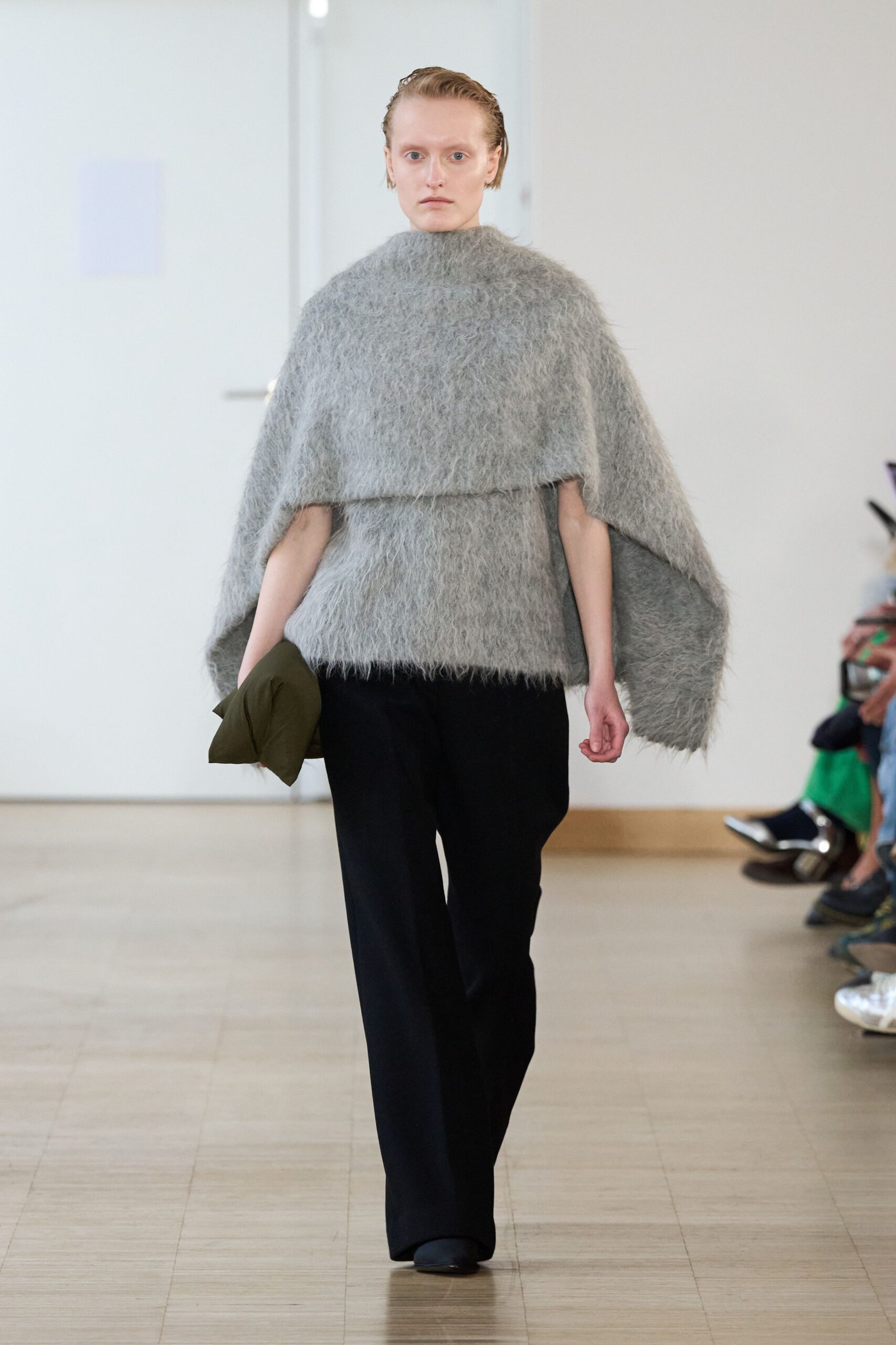 gray wool sleeveless relaxed layered textured cape