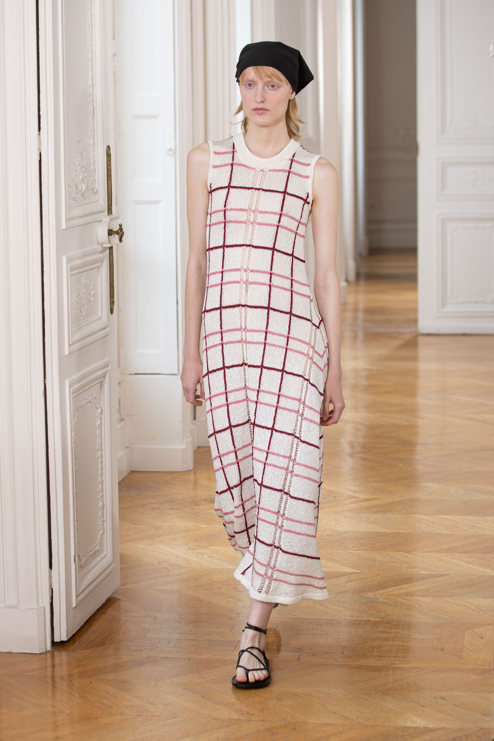 white and red checked midi dress