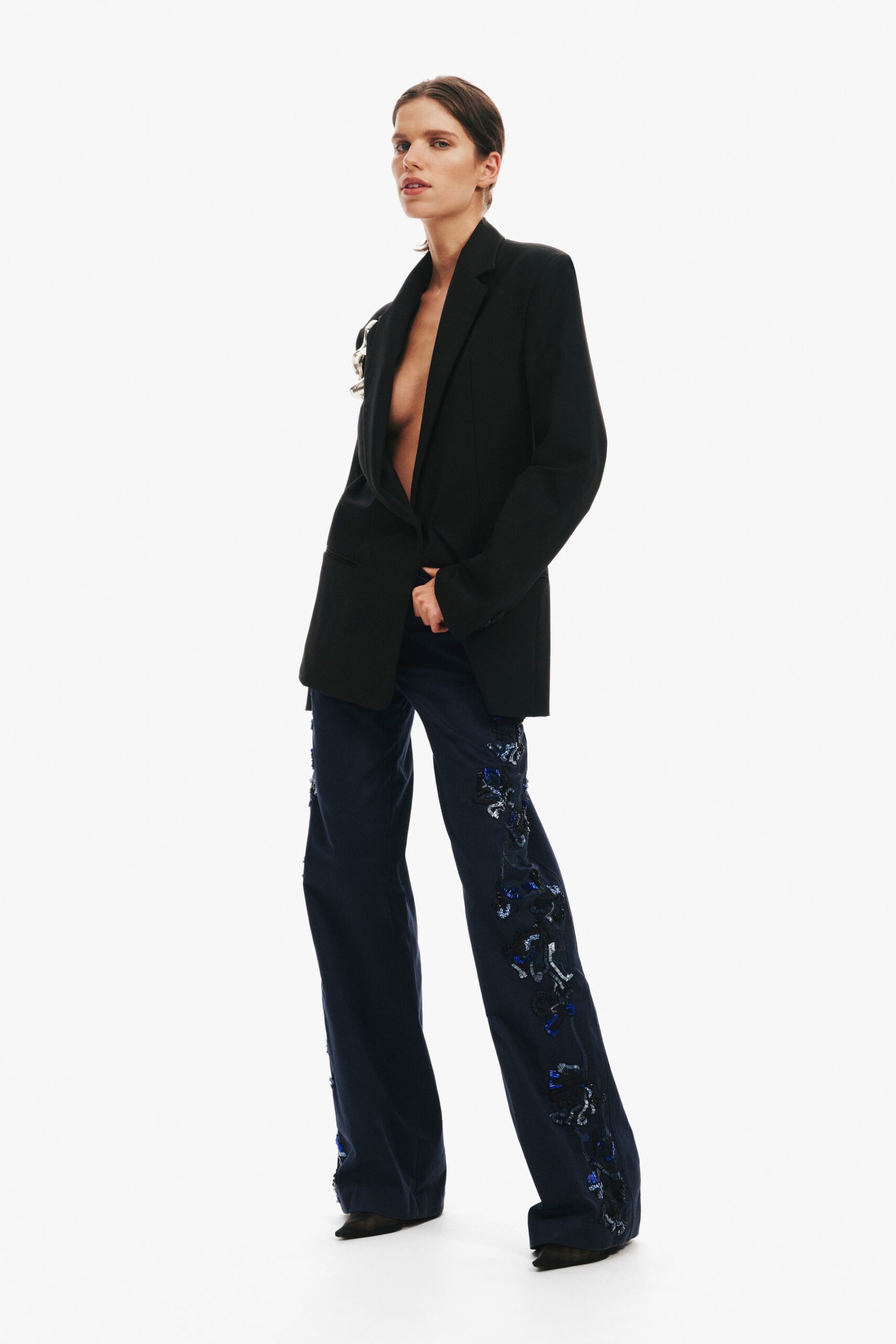blue fitted flared pants