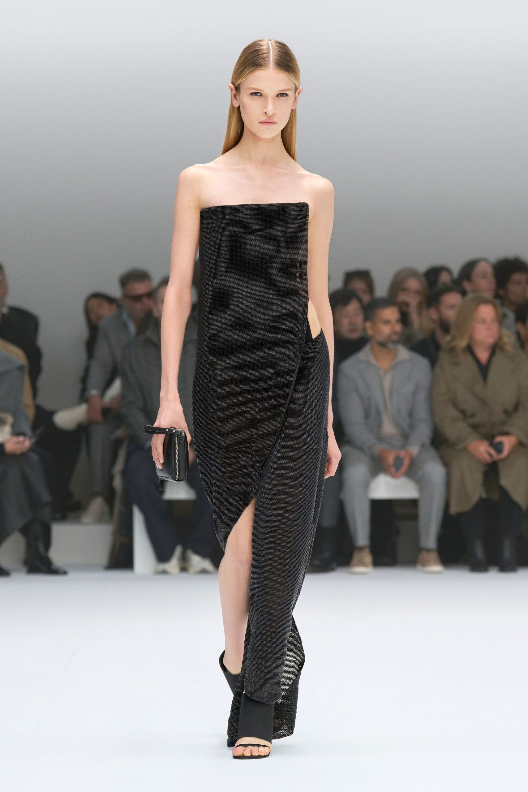 black silk strapless gown