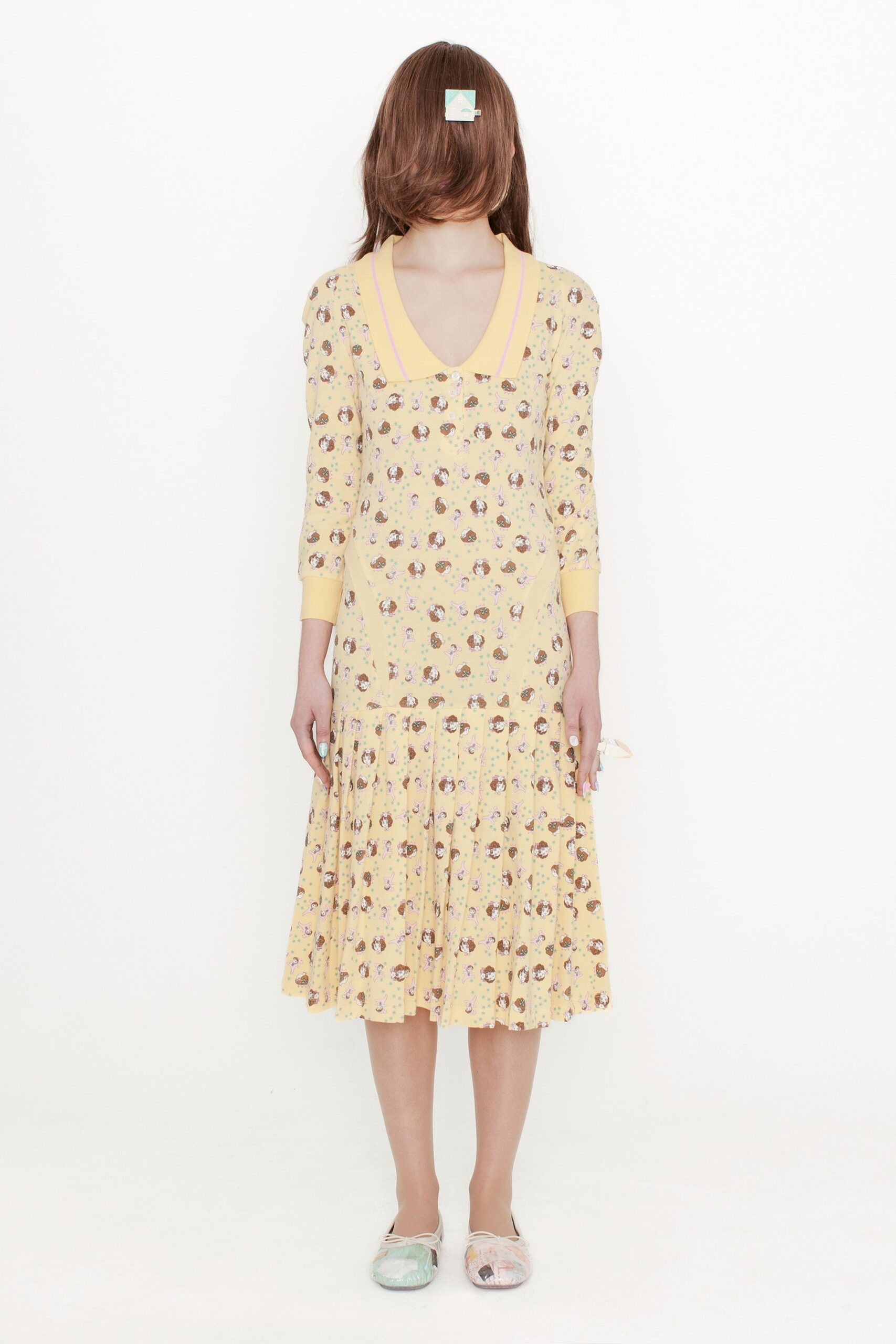 yellow cotton long-sleeve v-neck relaxed flared printed dress