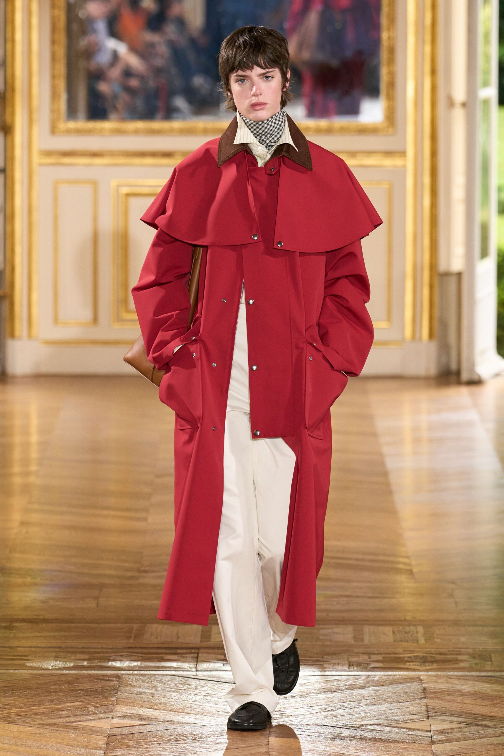 red cotton long-sleeve collared relaxed layered zippered coat