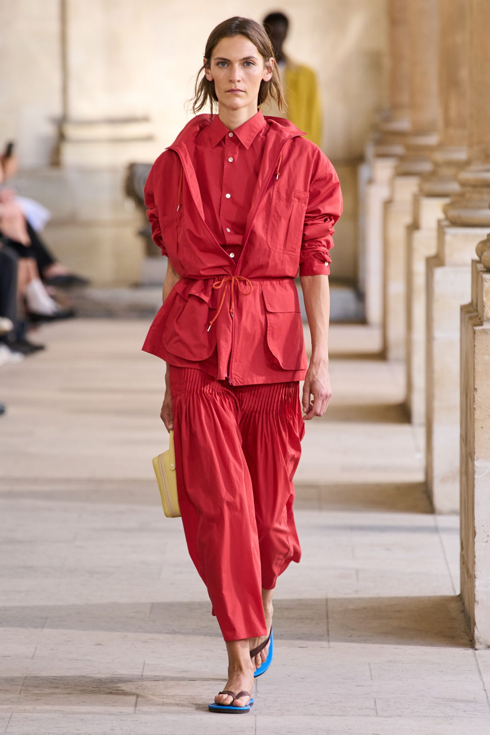 red cotton long-sleeve collared structured buttoned shirt