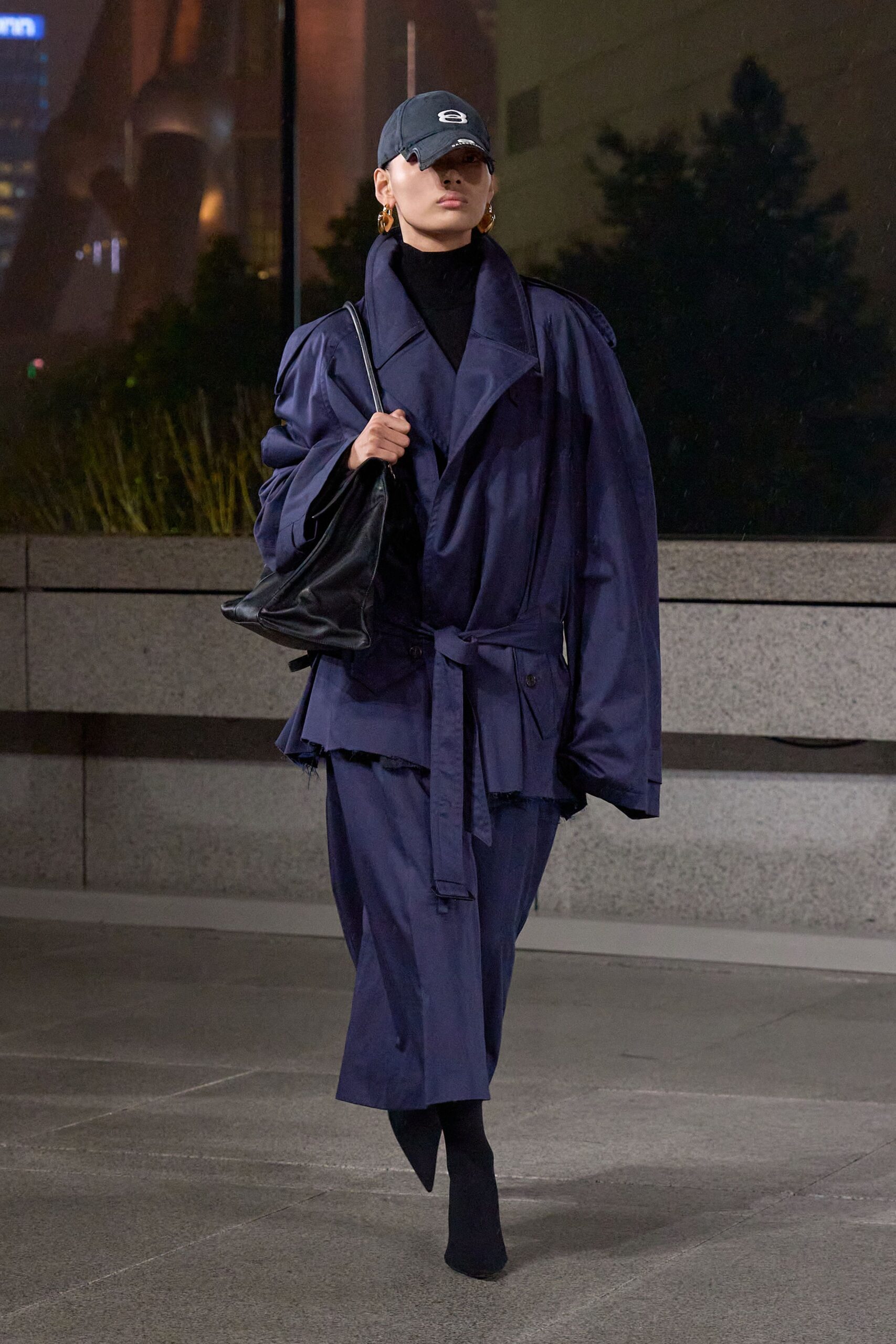 blue cotton long-sleeve collared oversized belted midi coat