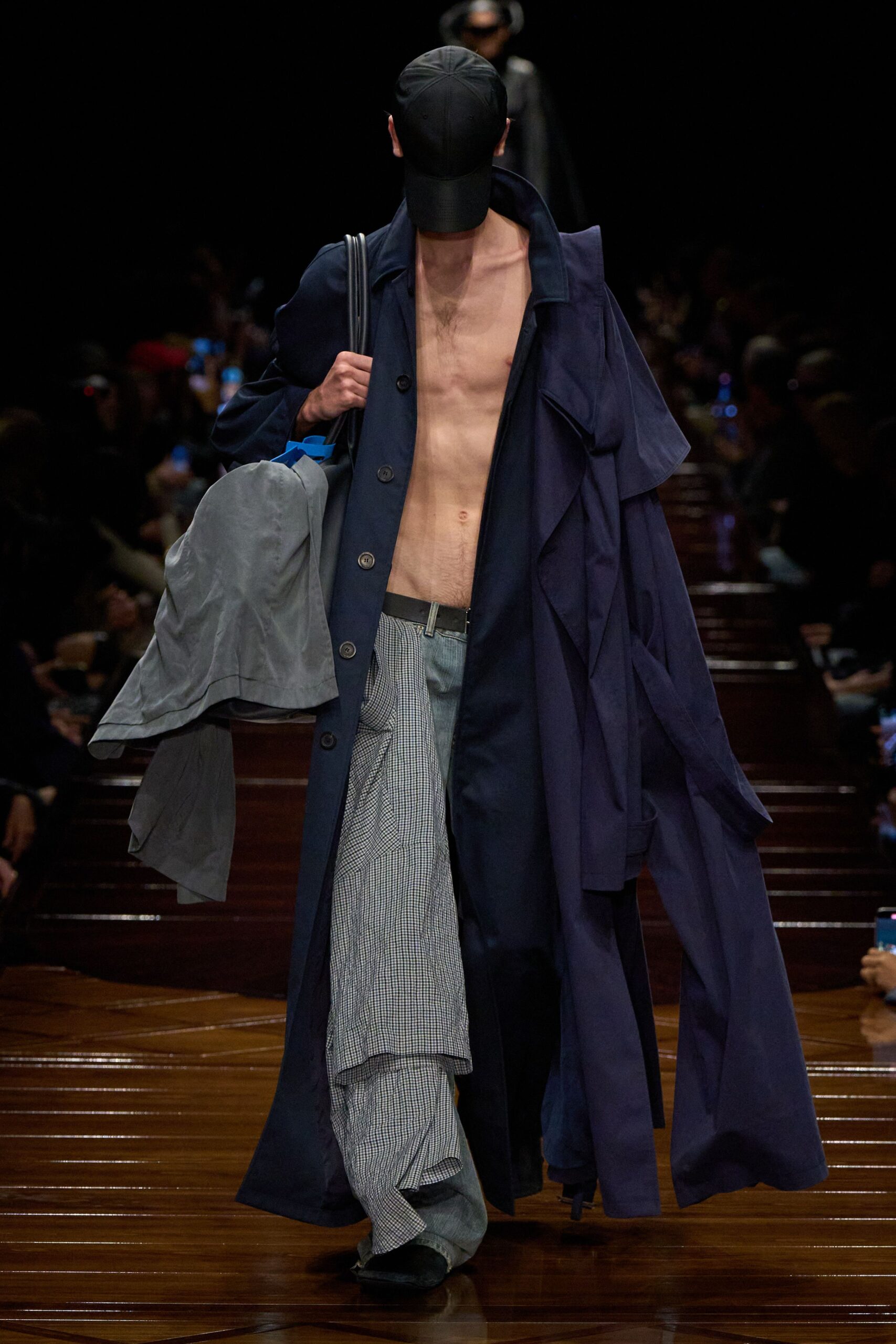 blue coat gray shirt relaxed pants