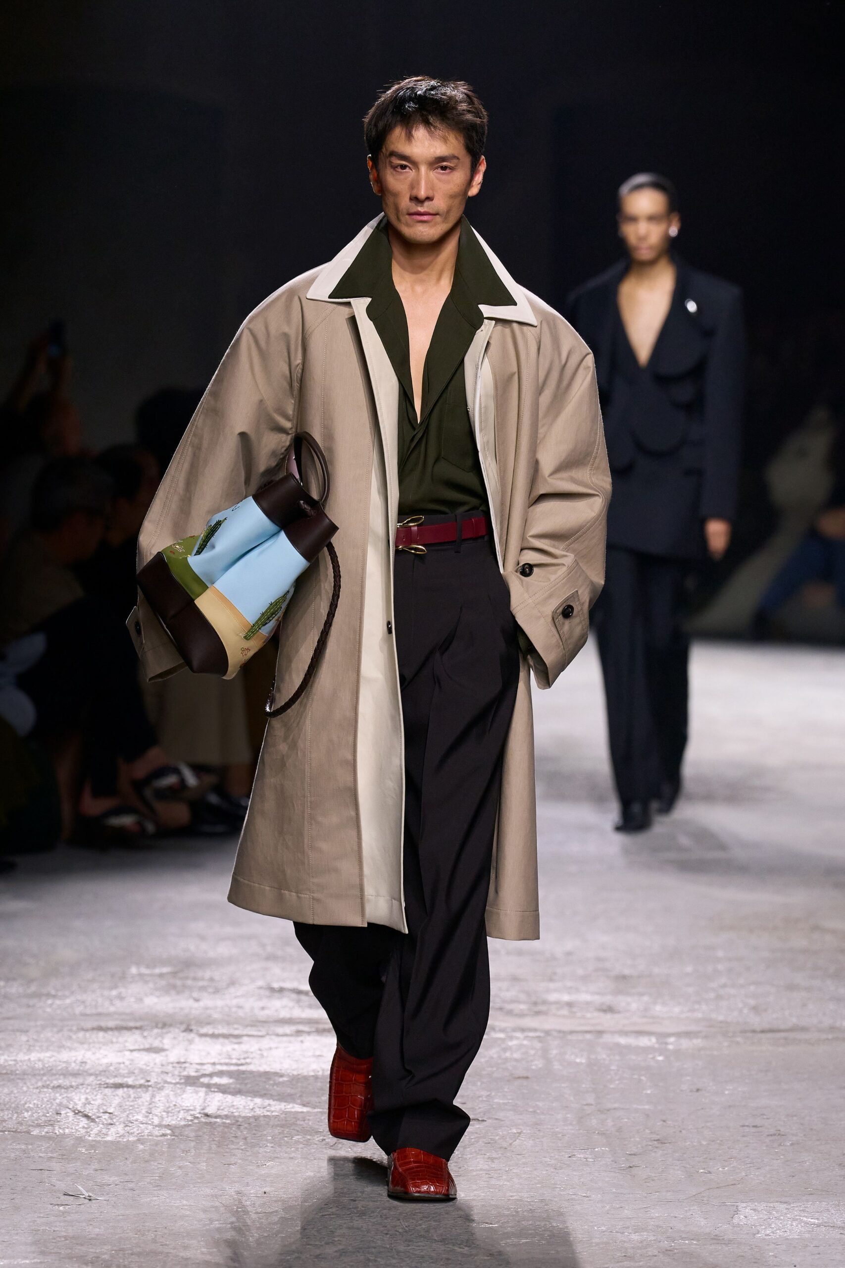 beige coat black shirt tailored pants