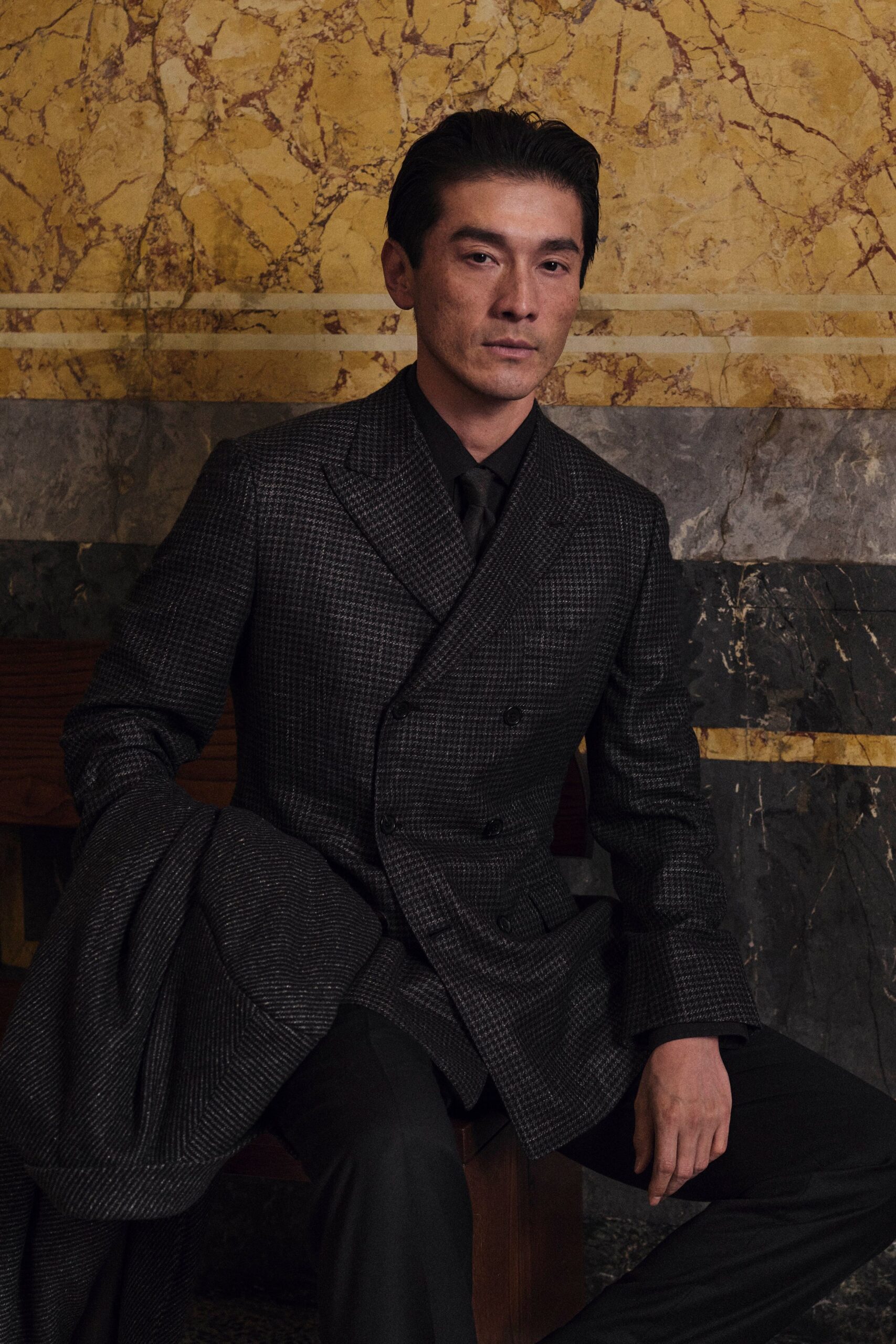 black wool long-sleeve structured layered coat