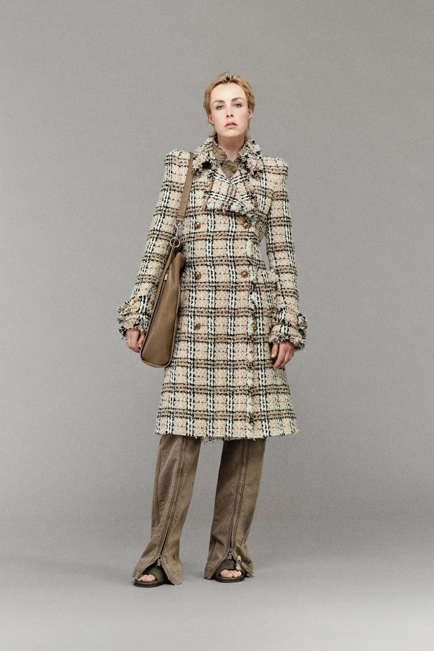 beige tweed long-sleeve collared structured checked buttoned coat