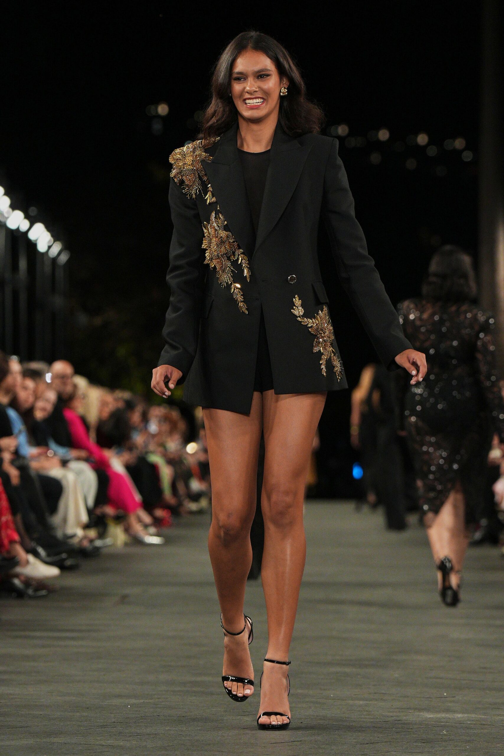 black embellished blazer shorts heels