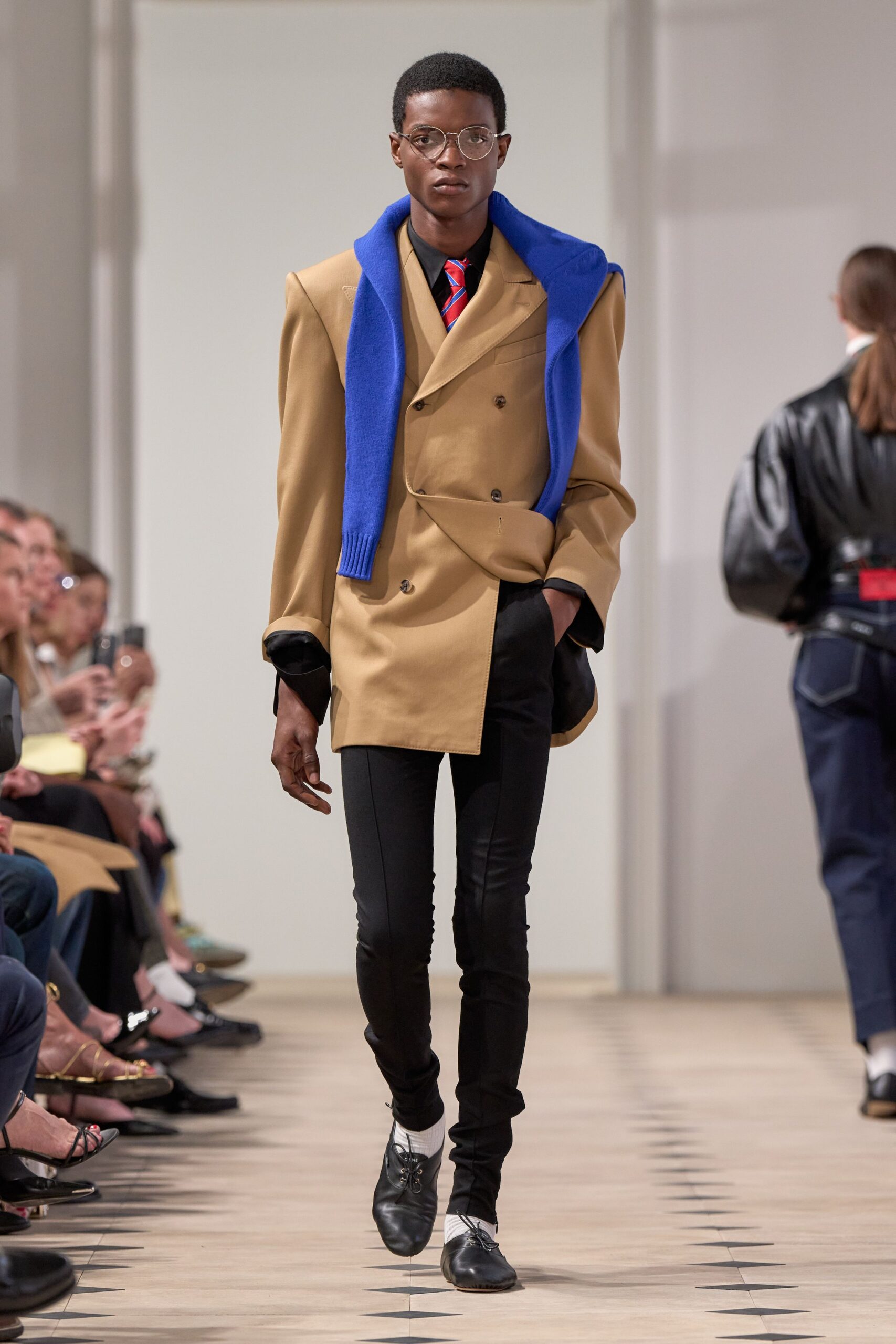 beige blazer with blue cardigan