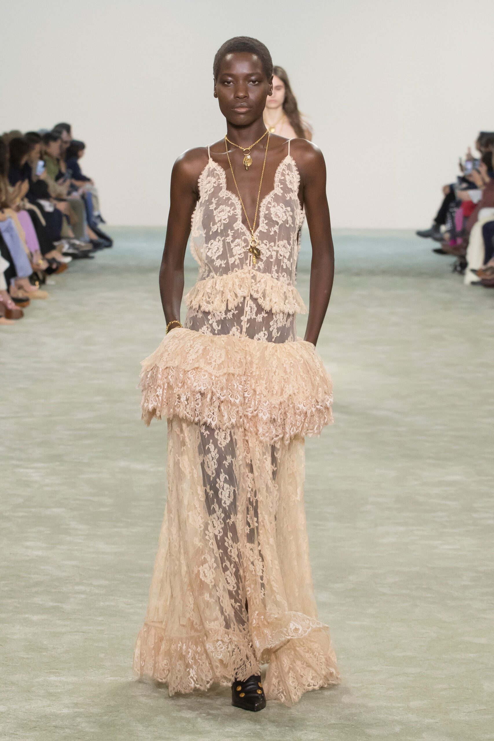beige lace sleeveless gown