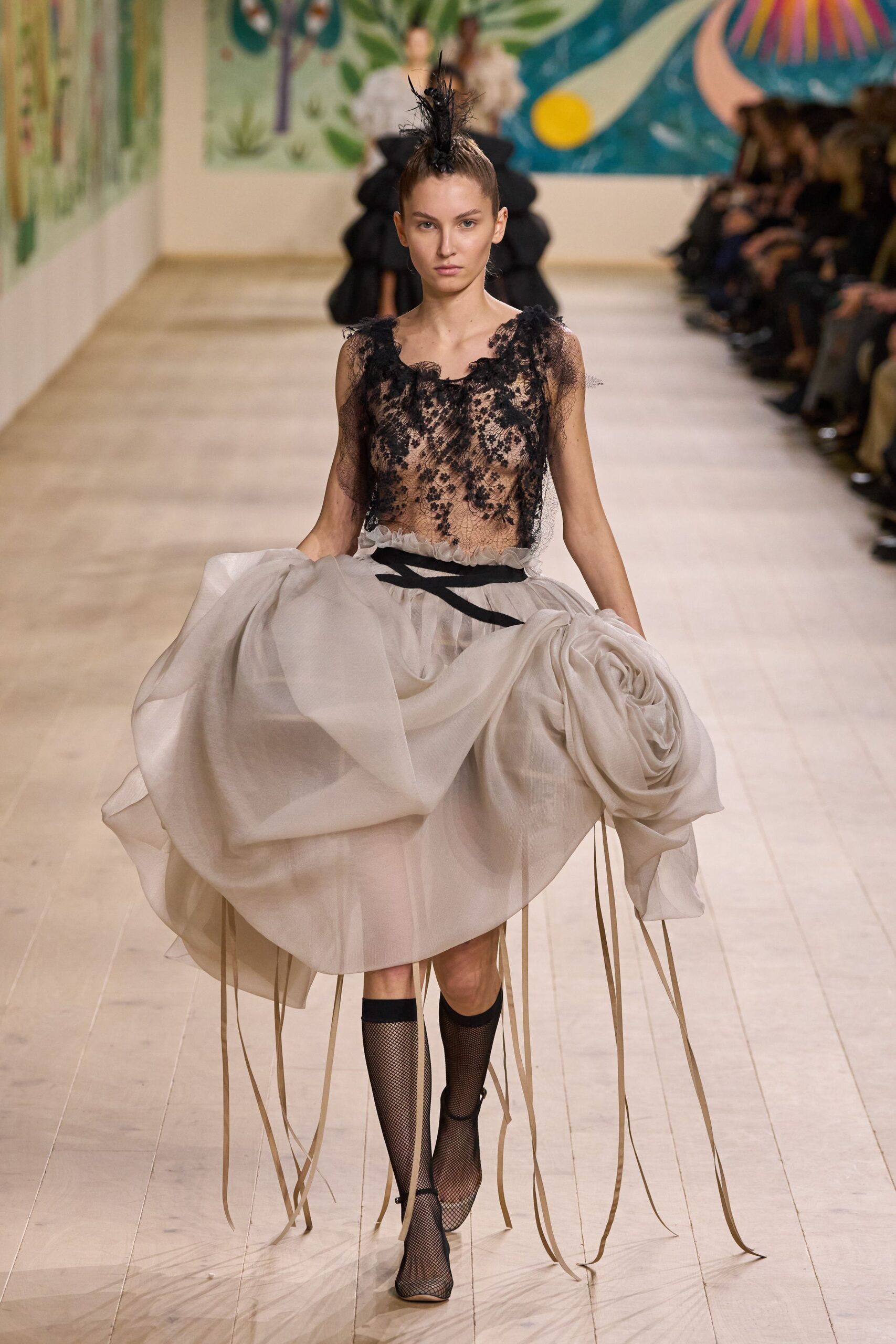 black lace midi dress with flowing tulle