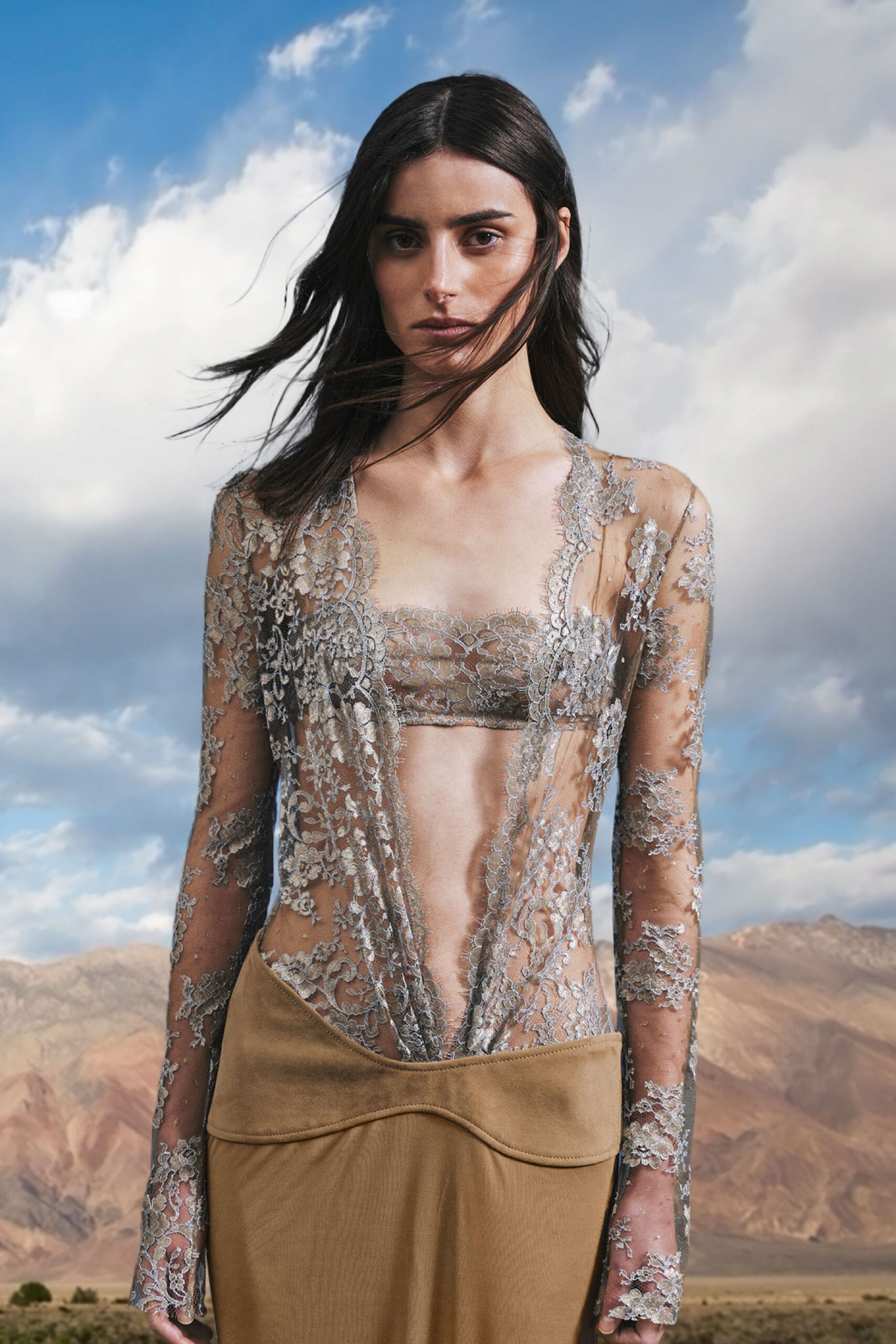 beige lace fitted gown