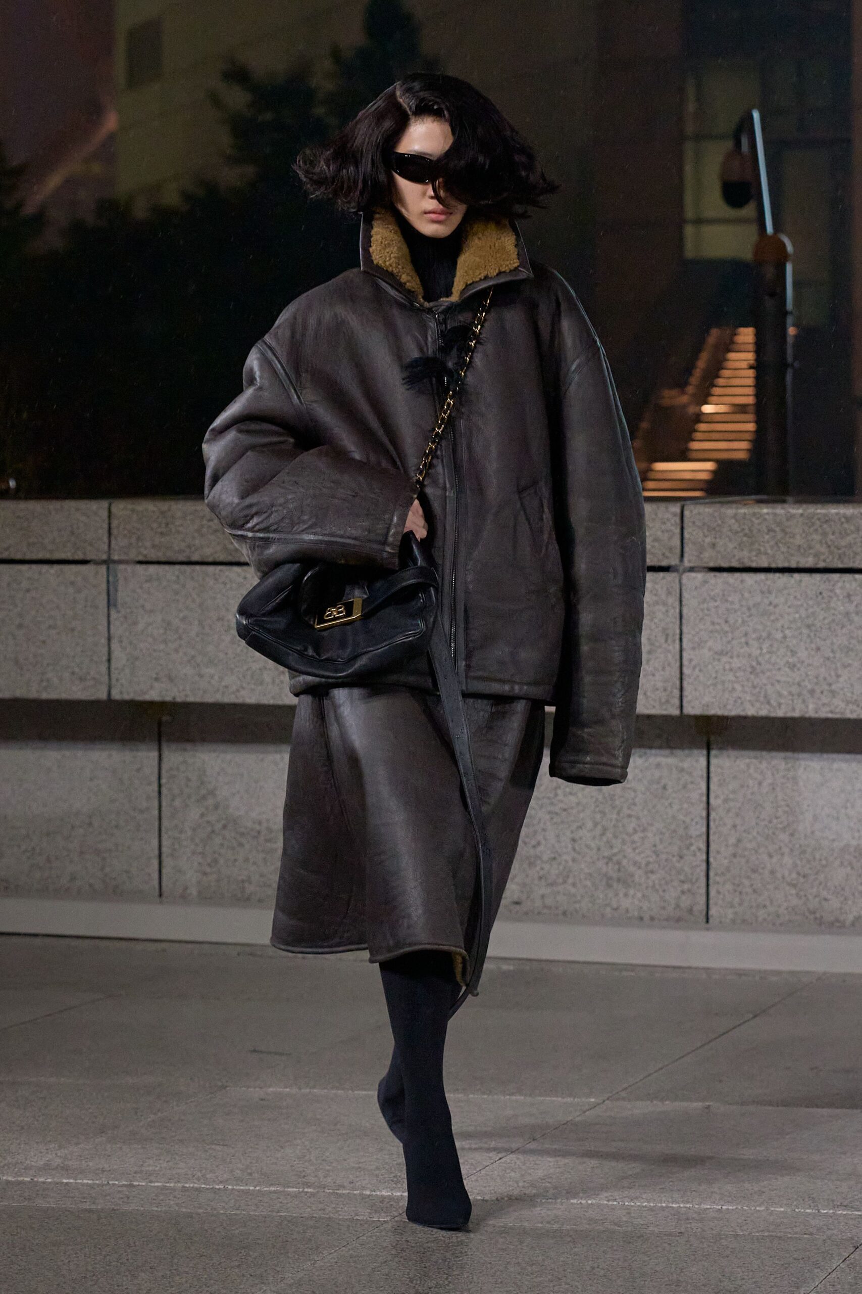 oversized brown leather coat