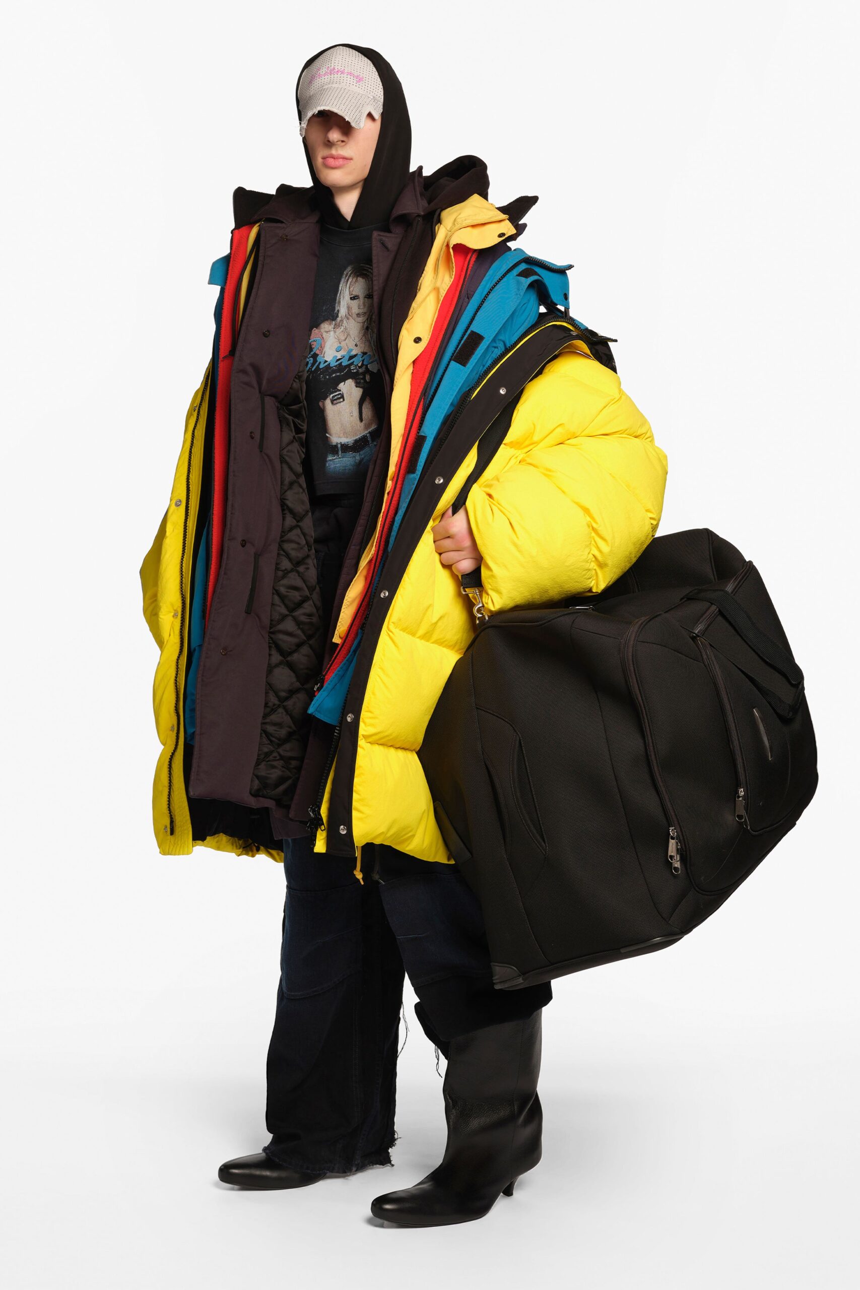 yellow jersey long-sleeve hooded oversized layered zippered coat