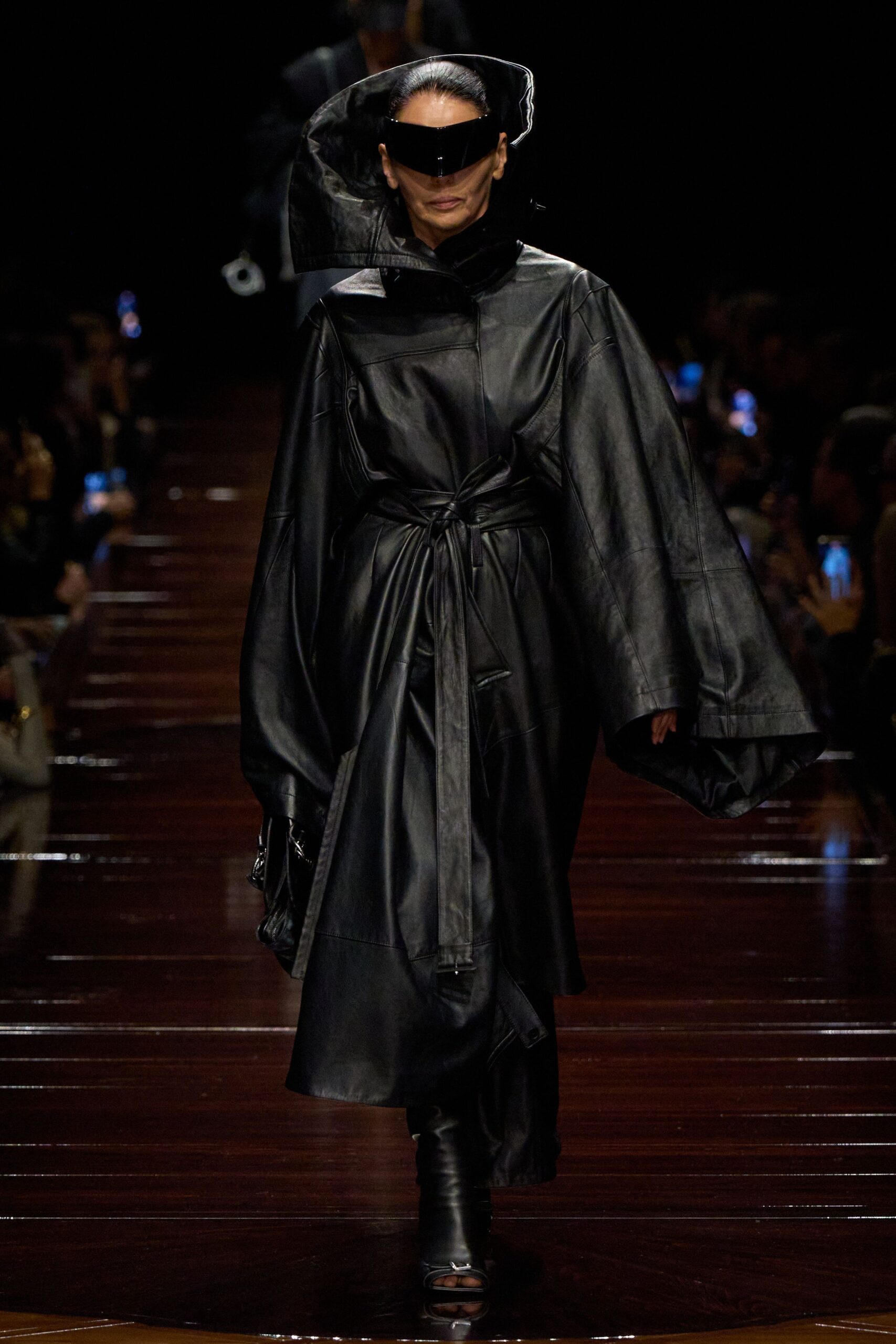 black leather belted coat