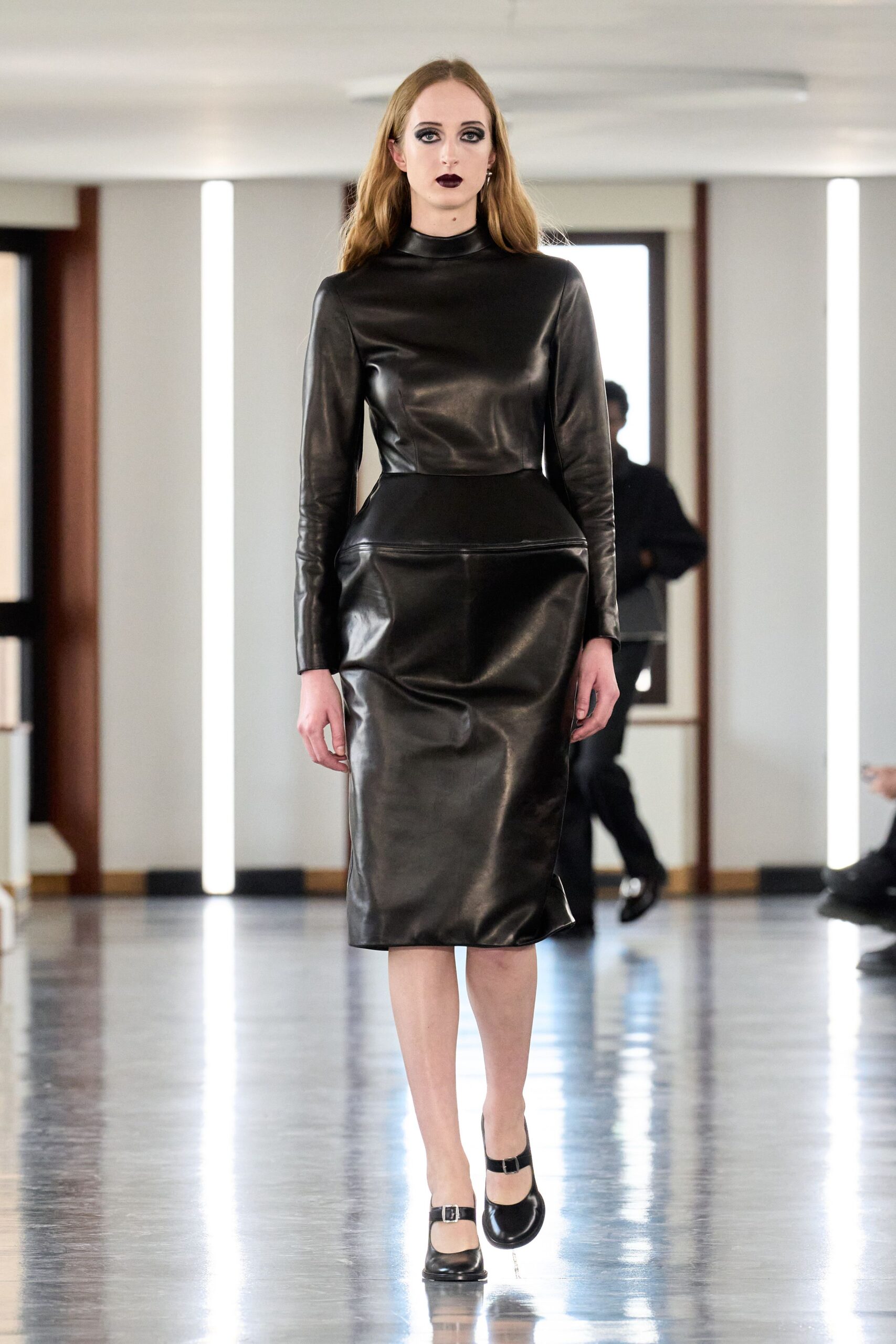 black leather fitted midi dress