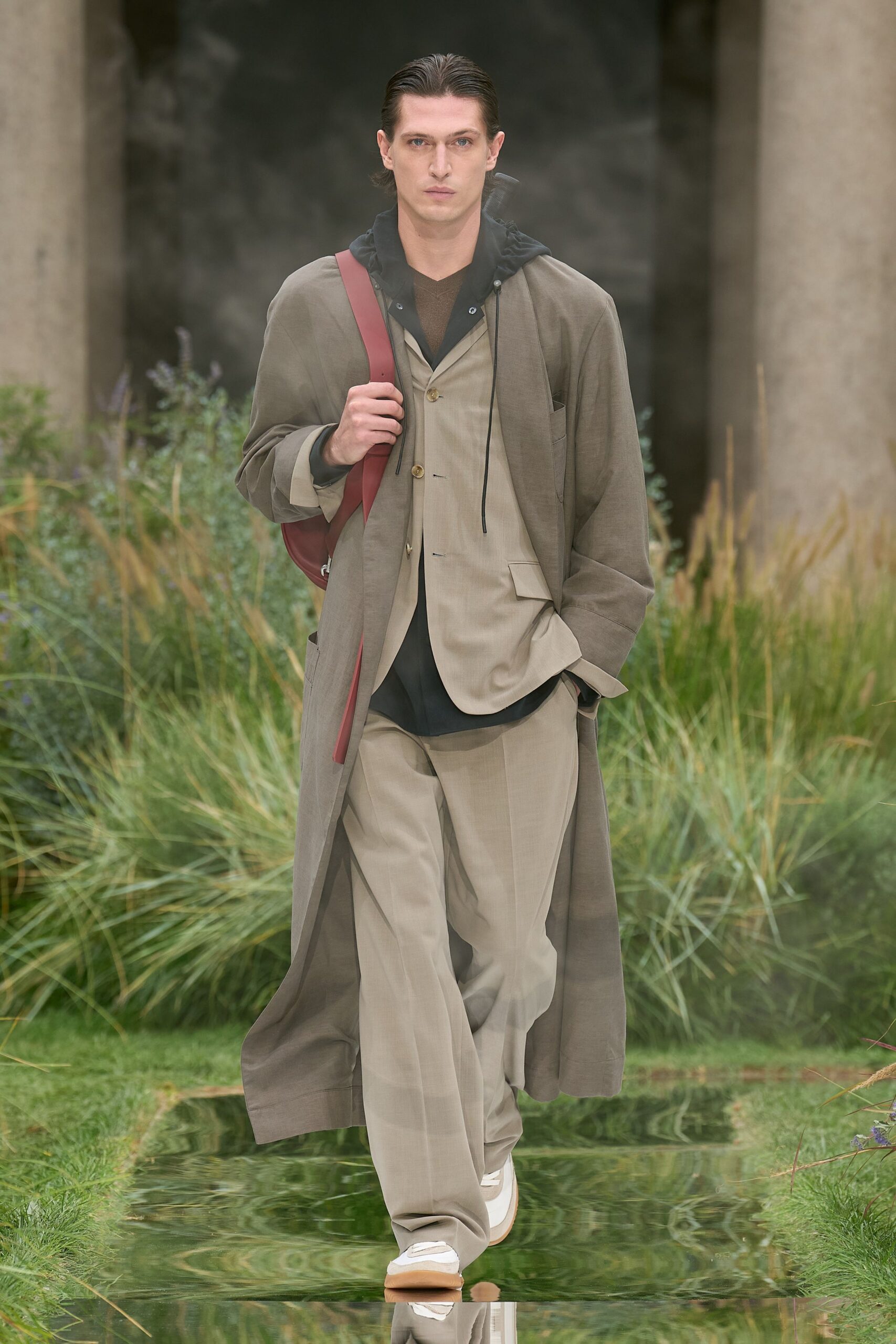 beige coat gray suit pants