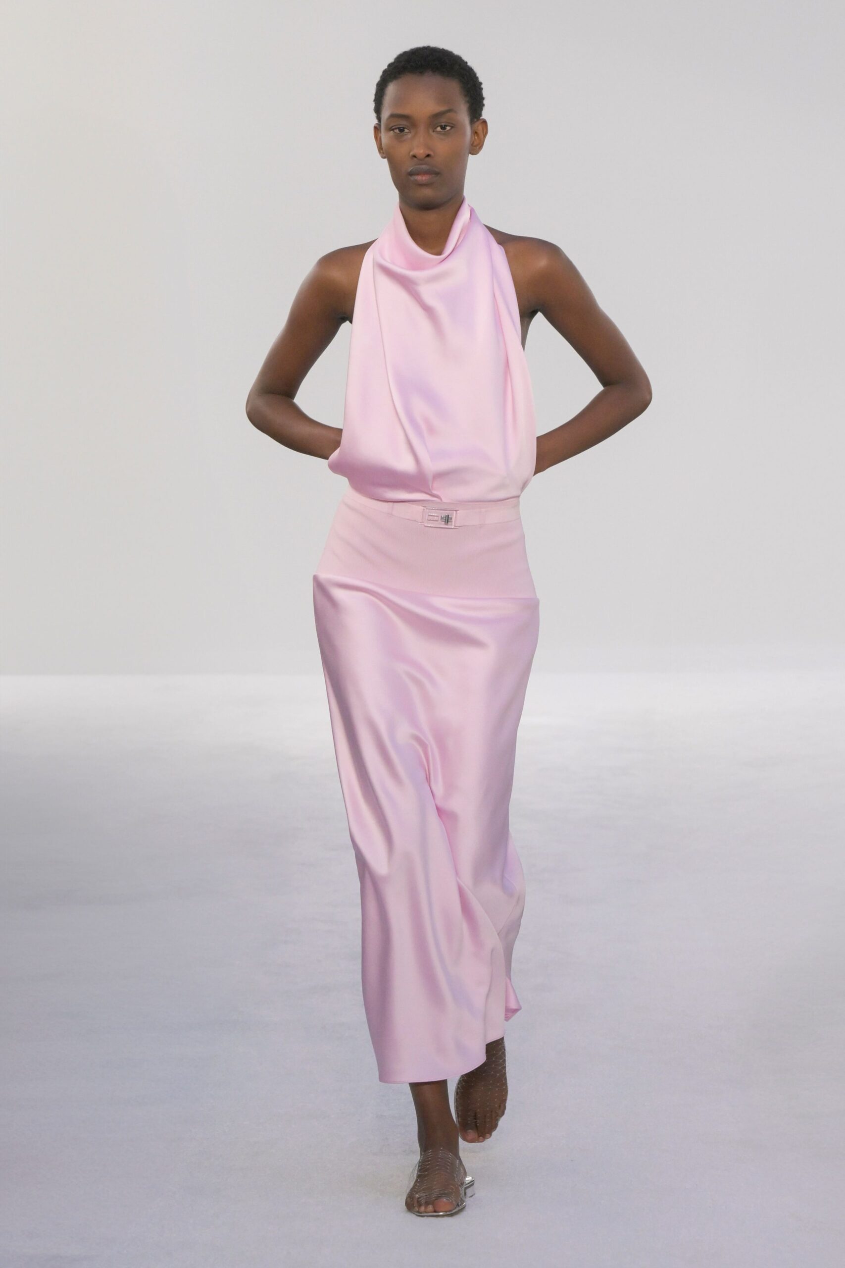 pink silk sleeveless high-neck fitted draped flowing dress
