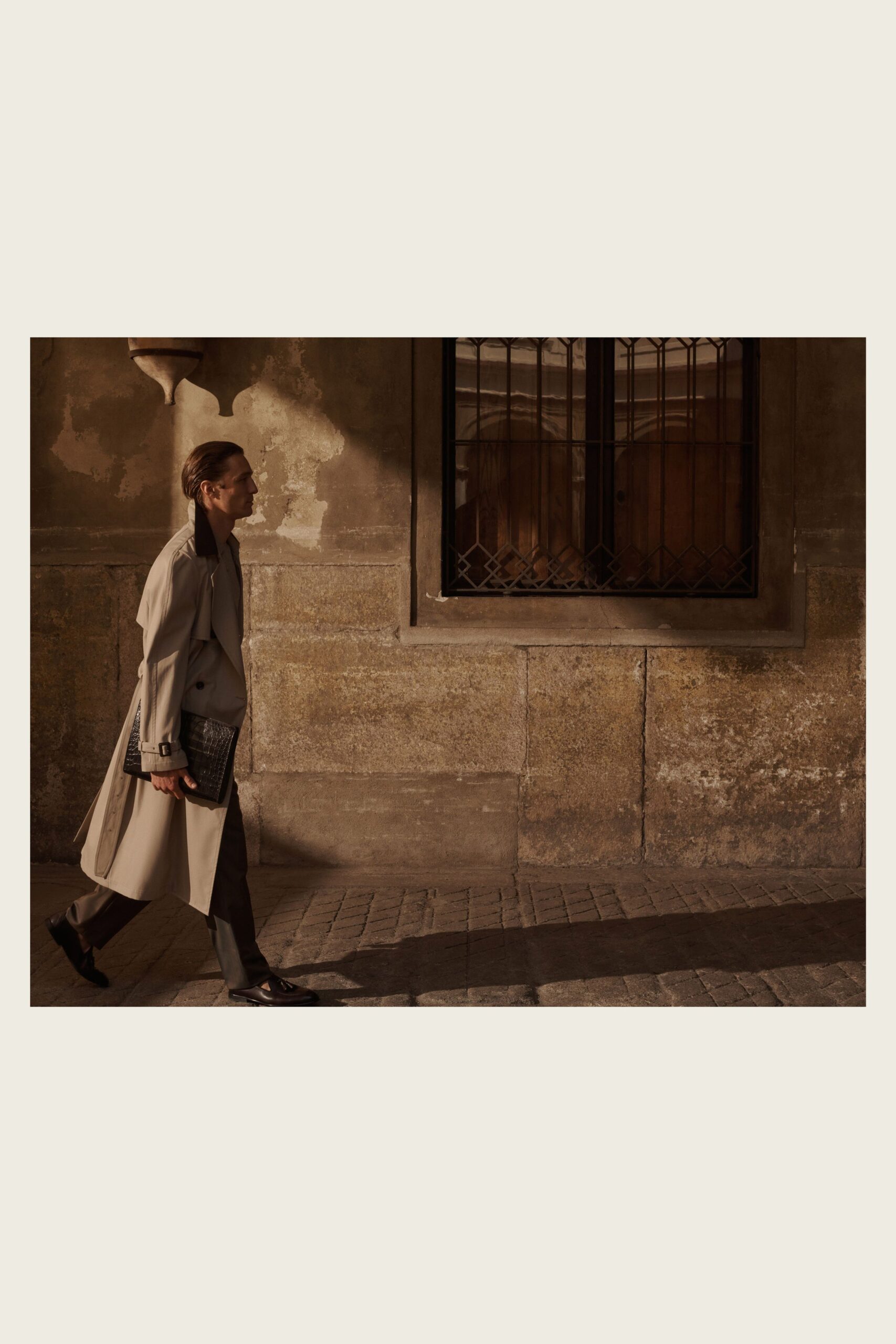 beige cotton long-sleeve collared structured belted pockets trench
