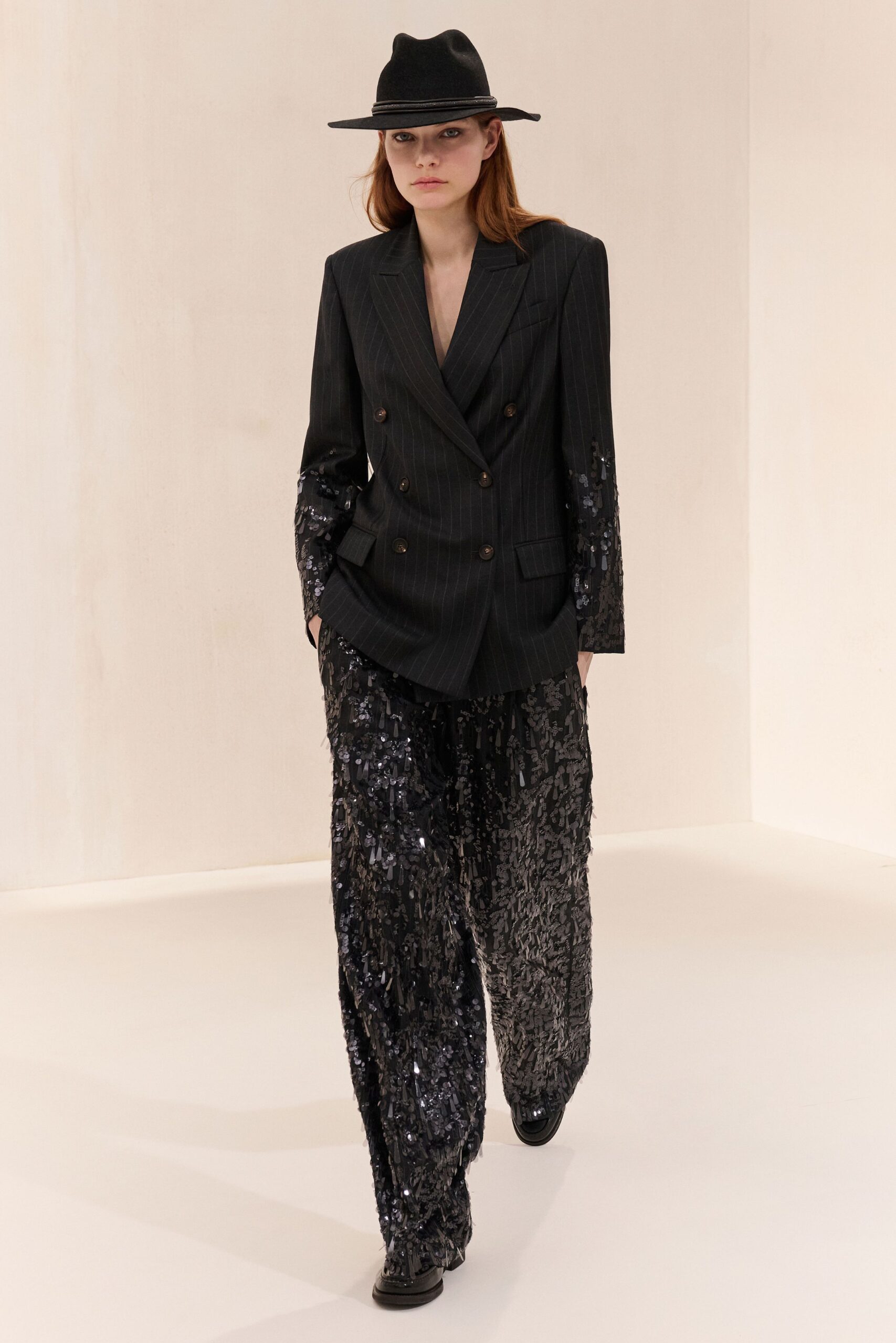black tailored blazer with sequined pants