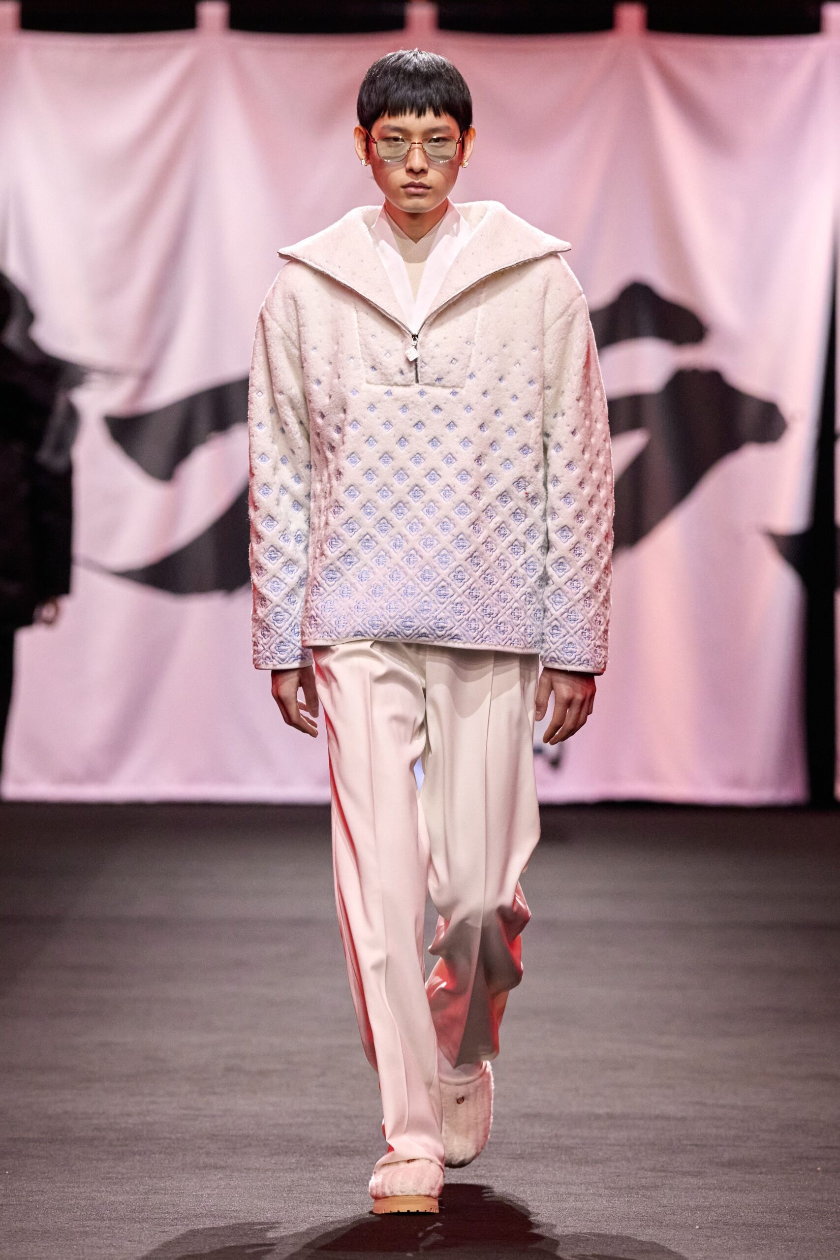 white quilted jacket with tailored pants