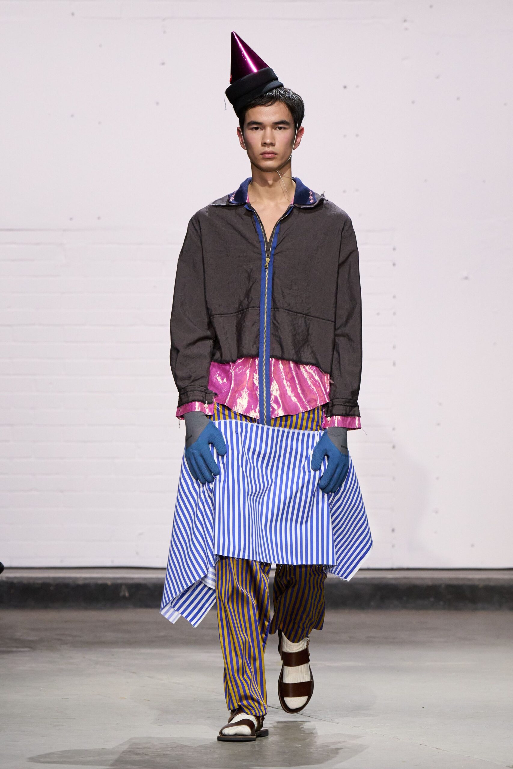 color-blocked jacket with striped pants