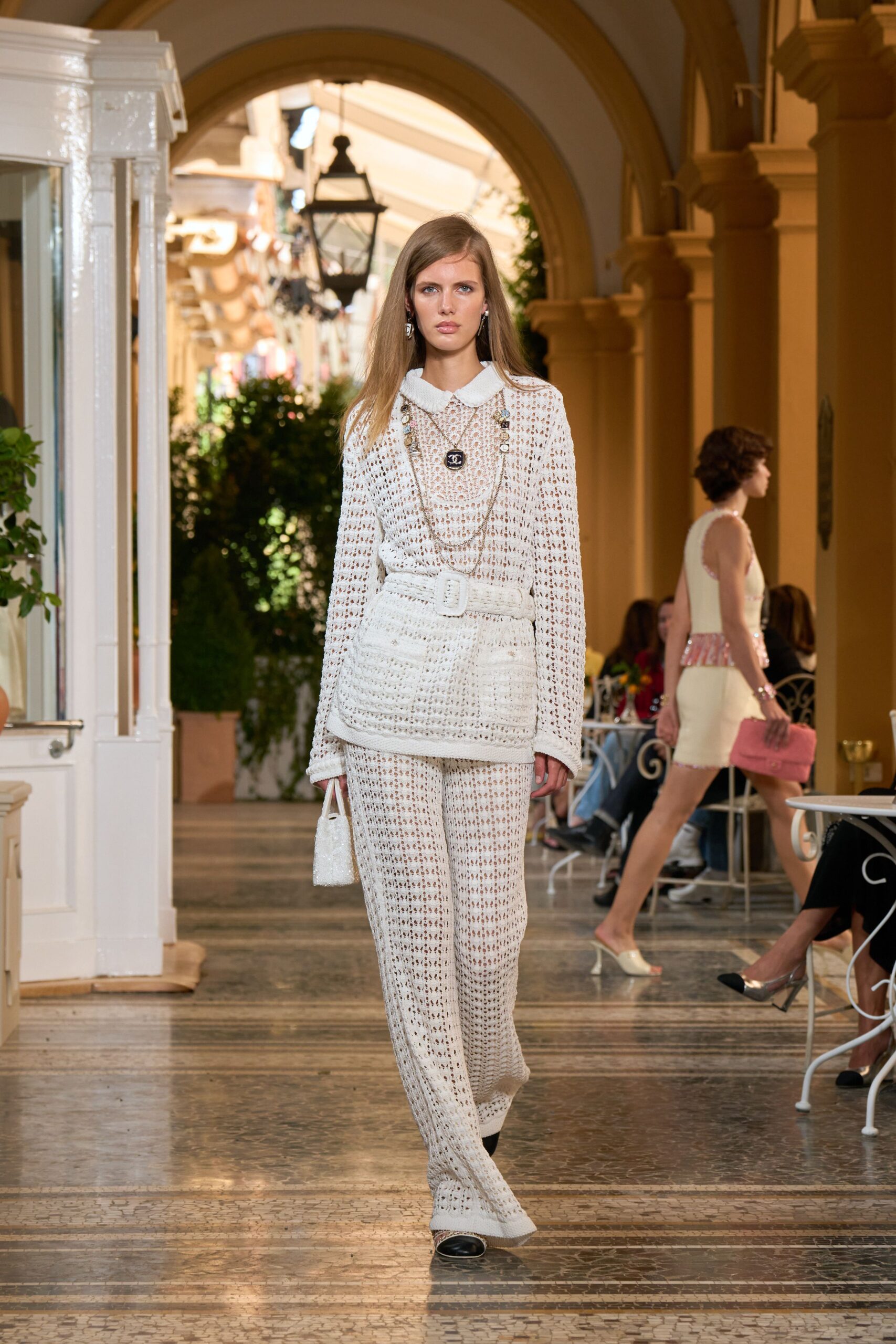 white knit long-sleeve collared relaxed layered textured top