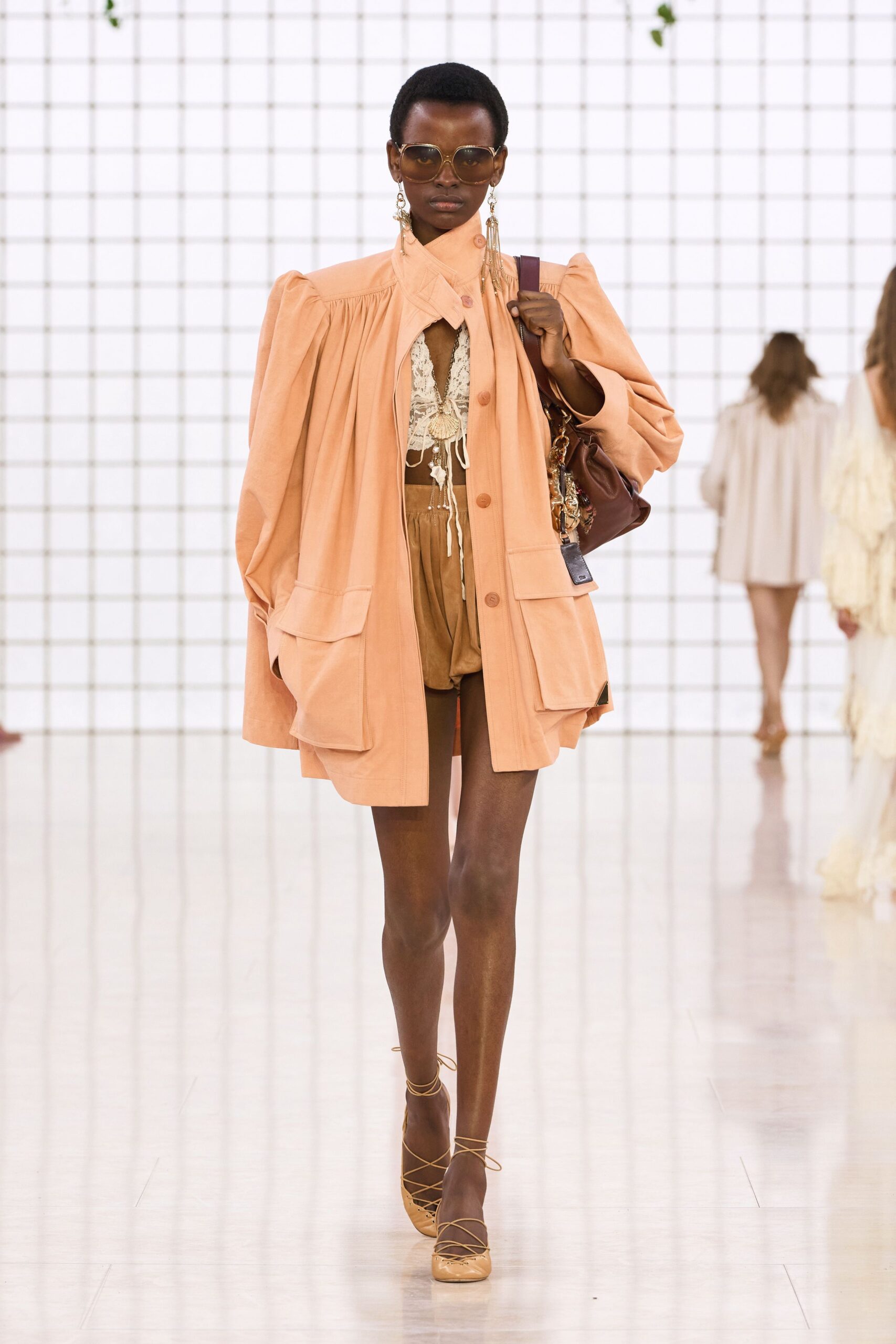 orange cotton long-sleeve collared oversized buttoned pleated jacket