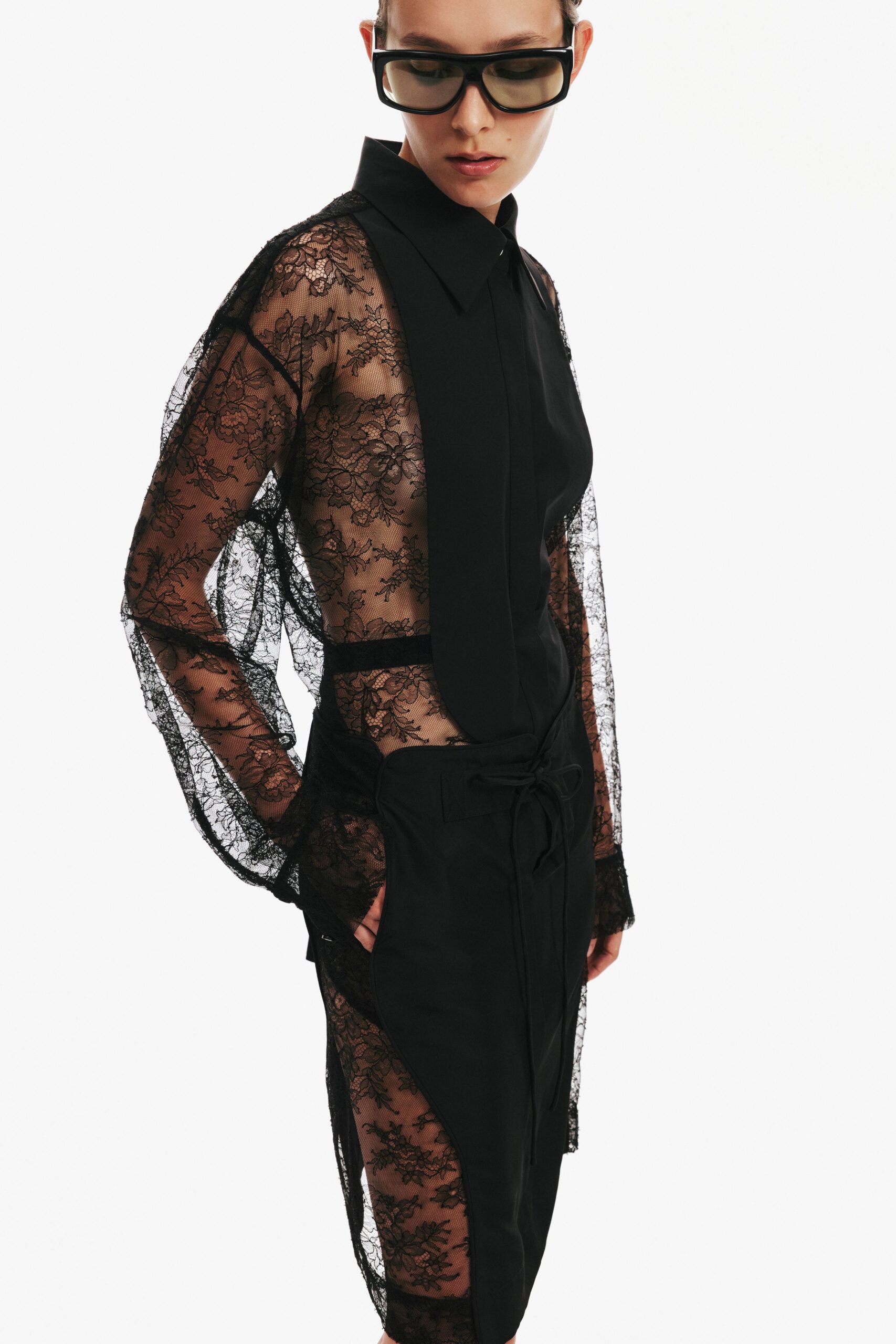 black lace long-sleeve collared fitted layered sheer coat