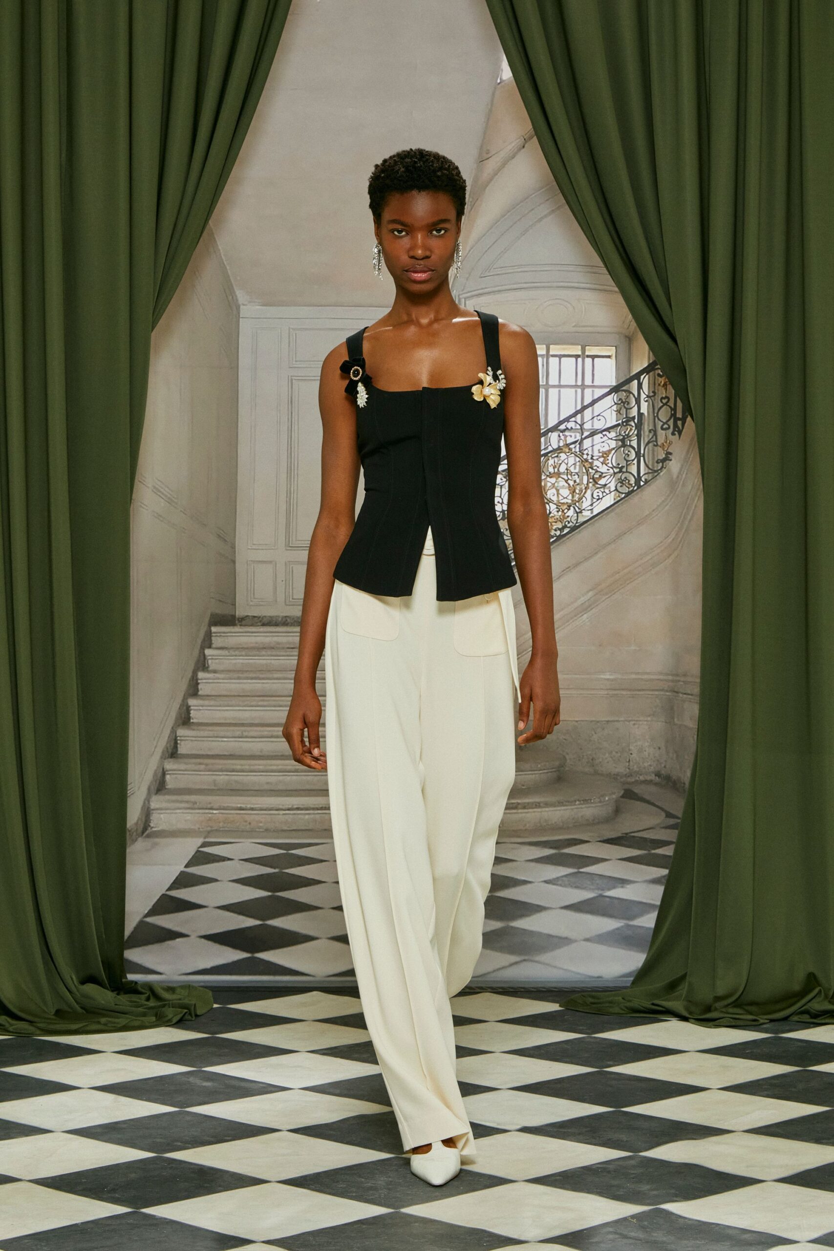 black cotton sleeveless v-neck fitted structured embellished top