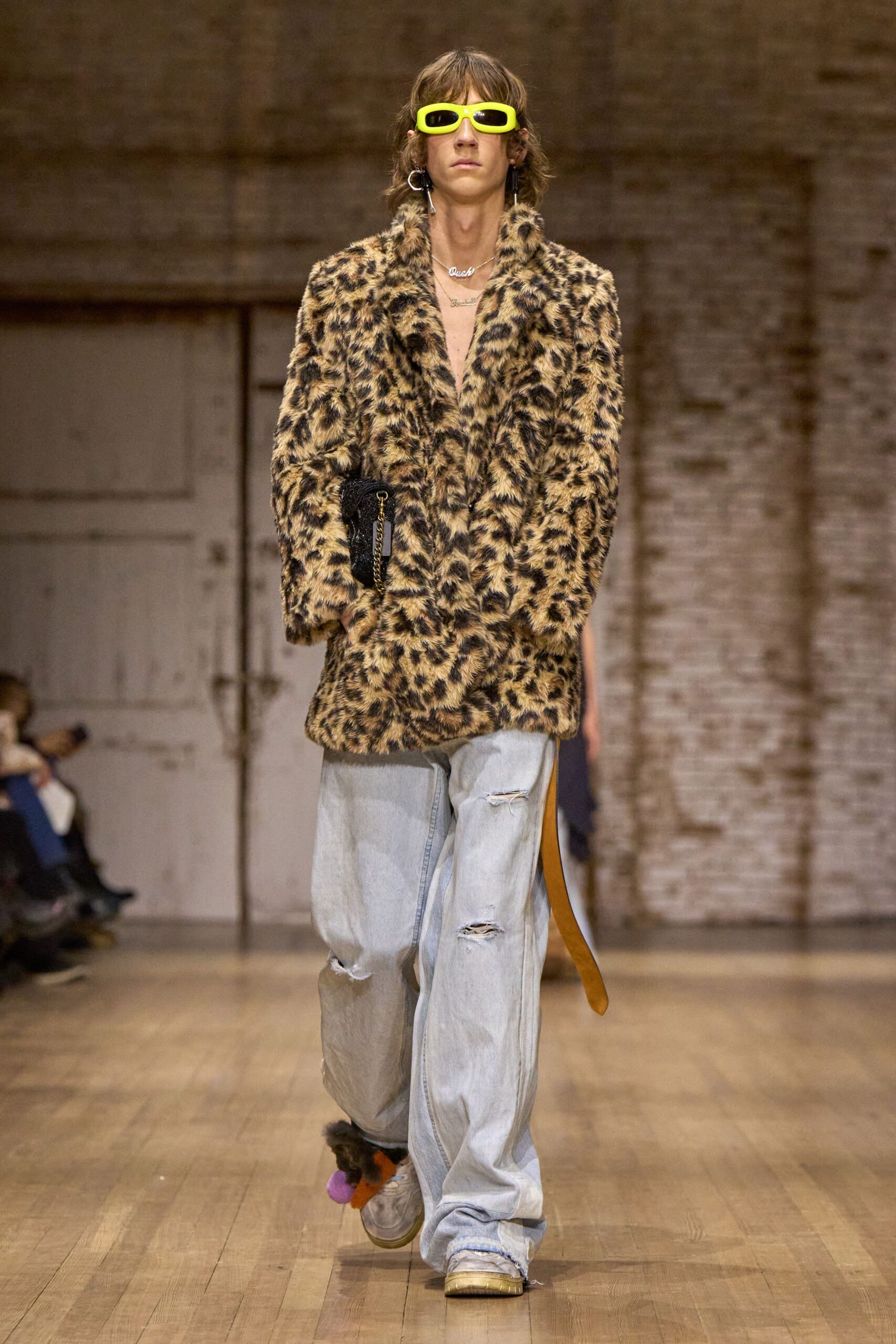 brown fur long-sleeve collared relaxed animal-print coat
