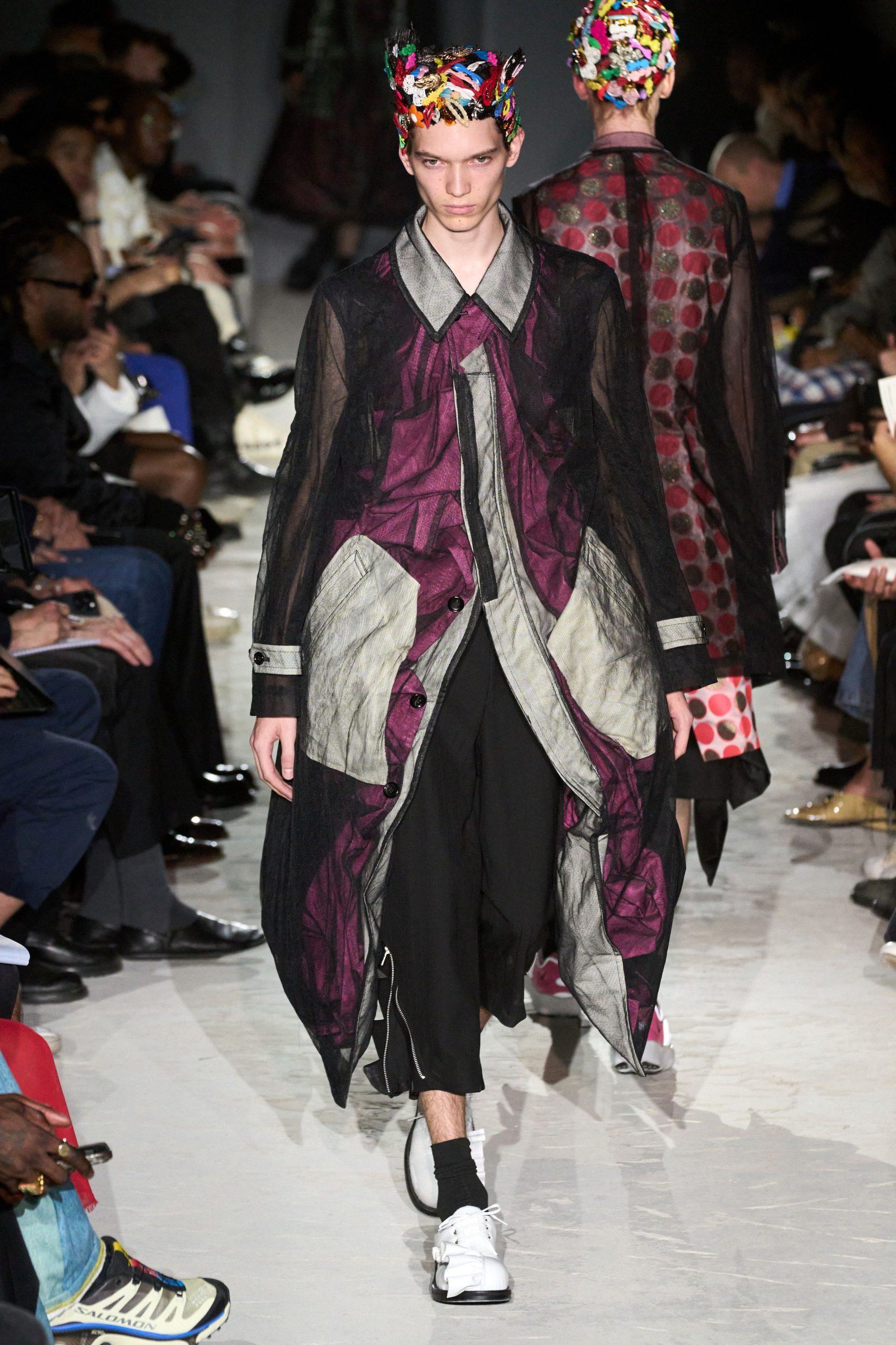 black silk long-sleeve collared relaxed layered flowing coat