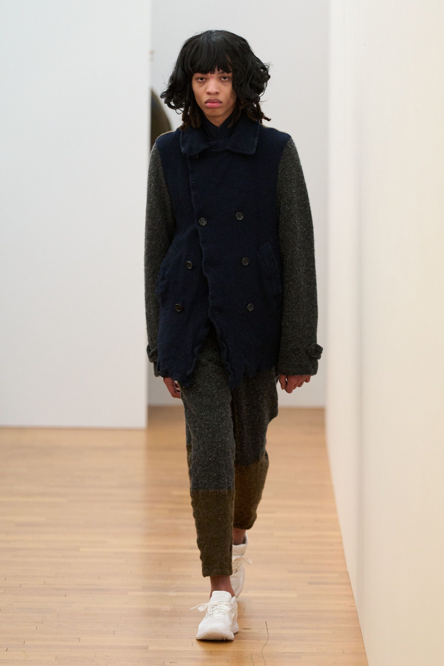 blue wool long-sleeve collared relaxed buttoned jacket