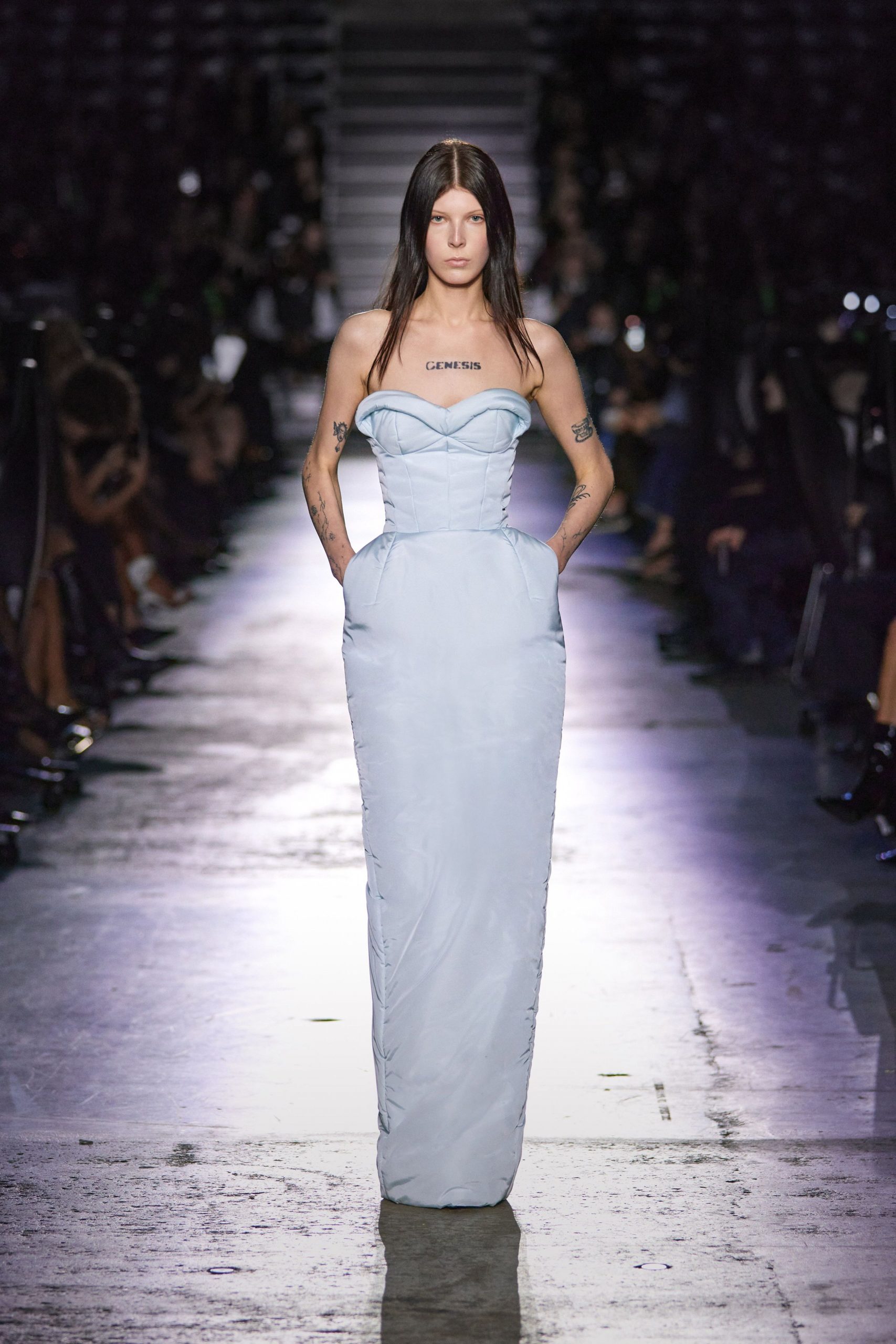 light blue strapless gown