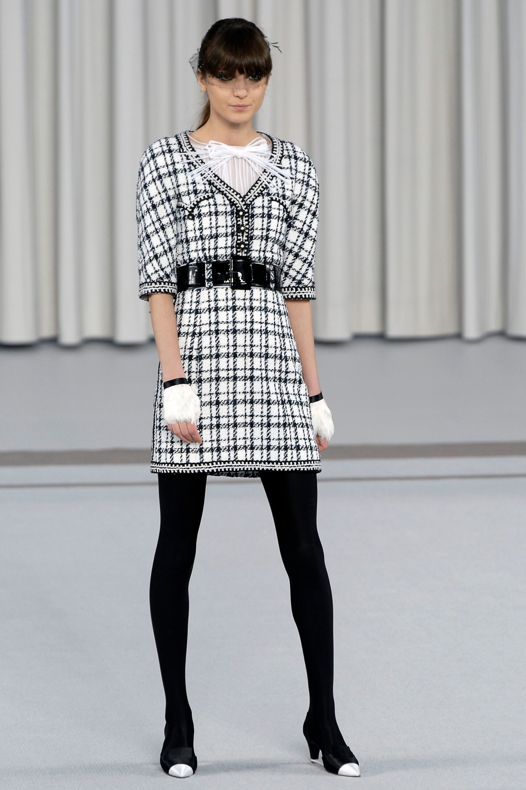 white tweed v-neck short-sleeve structured checked belted mini-dress